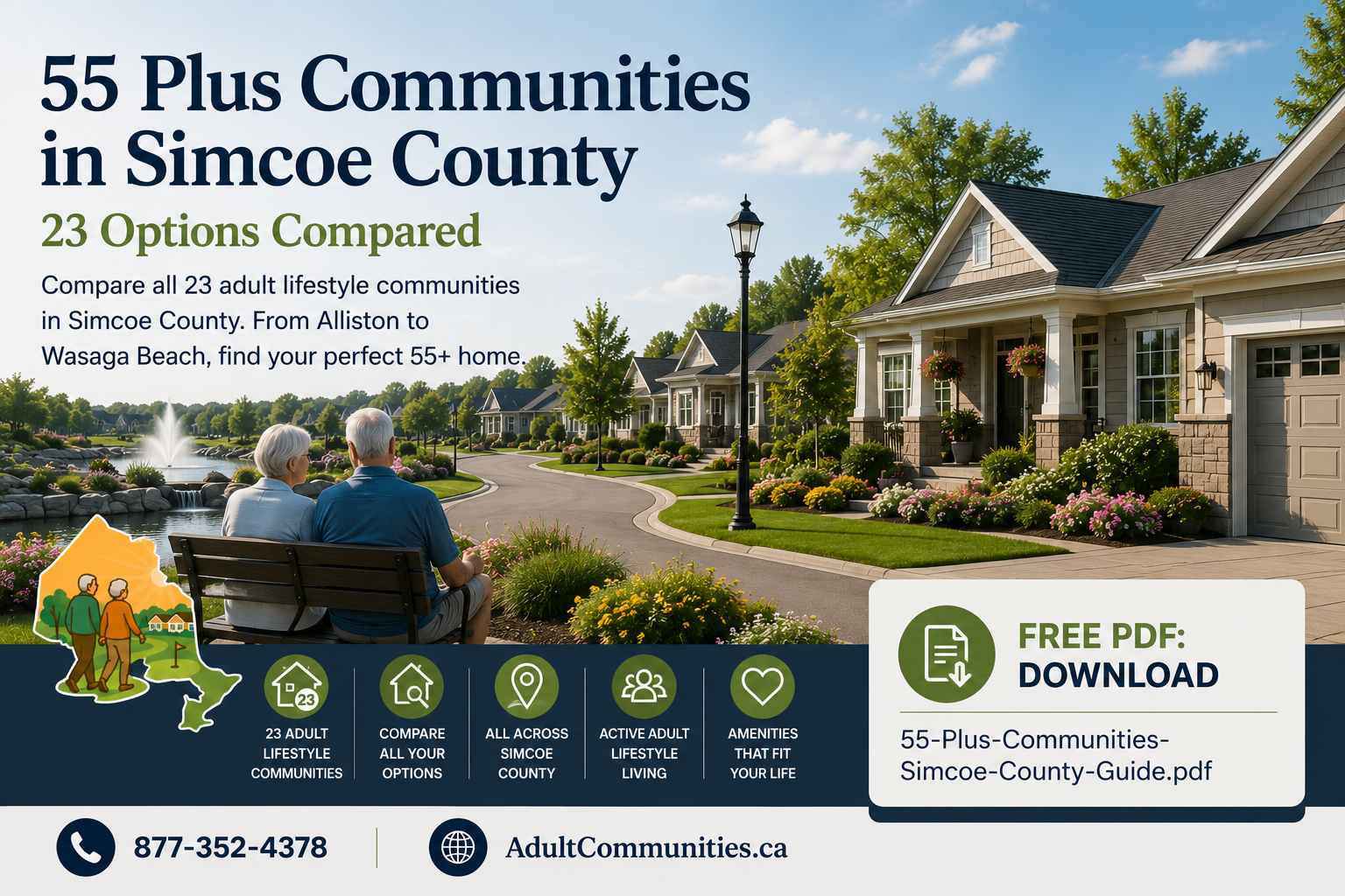55+ couple sitting on a bench and a 55+ community at 44.163862, -79.808618