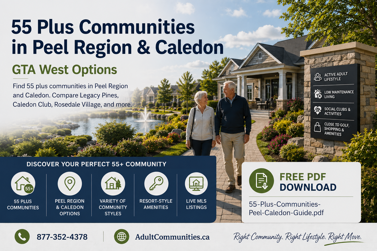 a 55 plus couple walking in an adult lifestyle community at 43.947721, -79.845364