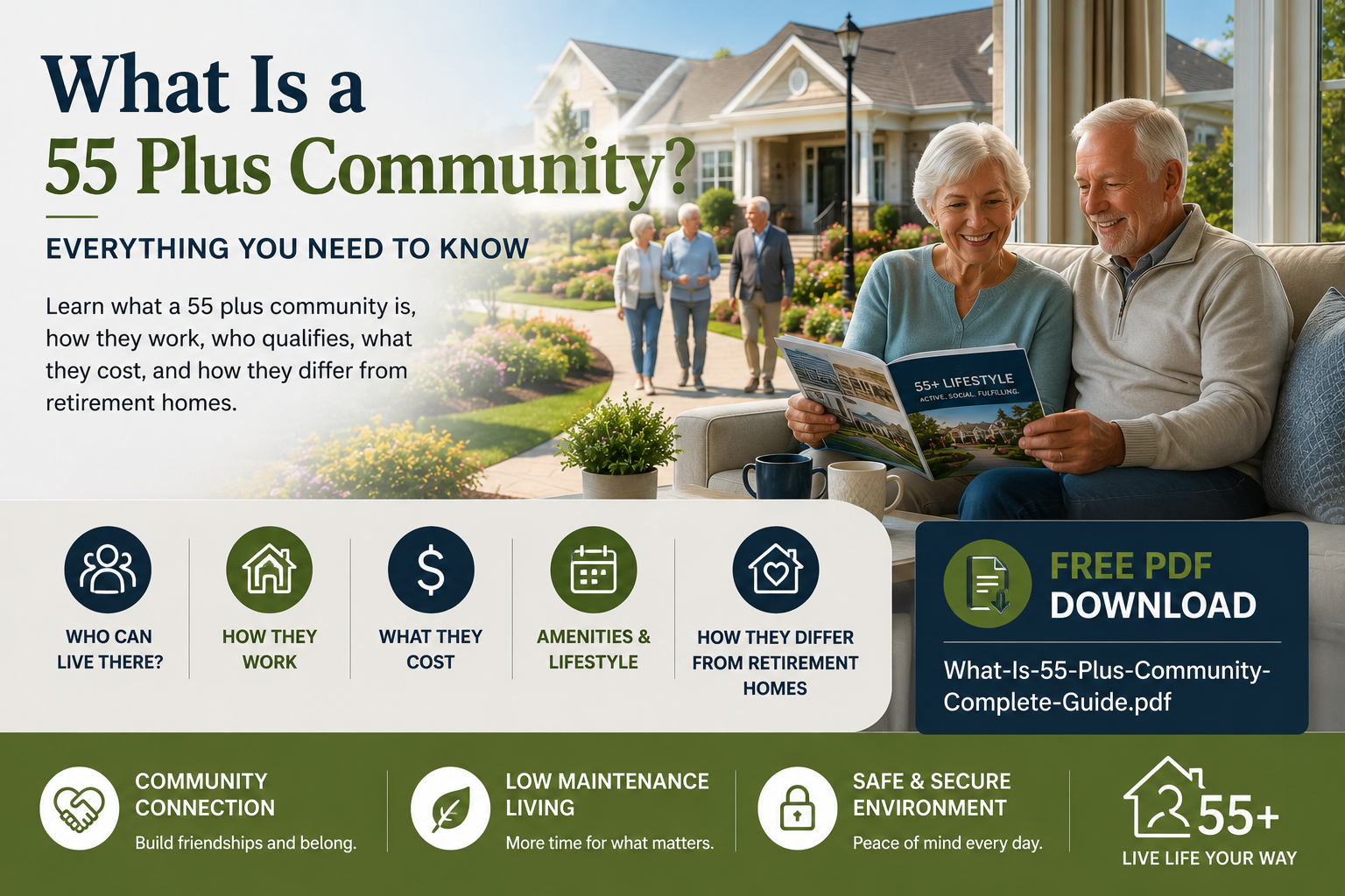 A 55+ couple looking at 55+ information with an adult community in the background at 43.948553, -79.844907