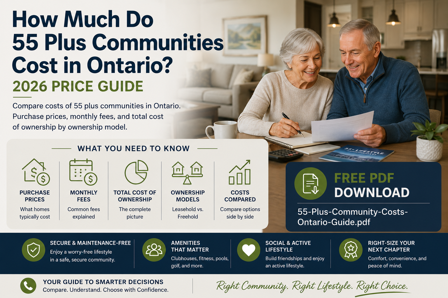 A 55 plus couple sitting at a table in a 55 plus community at 43.989939, -79.784854 going over paperwork.