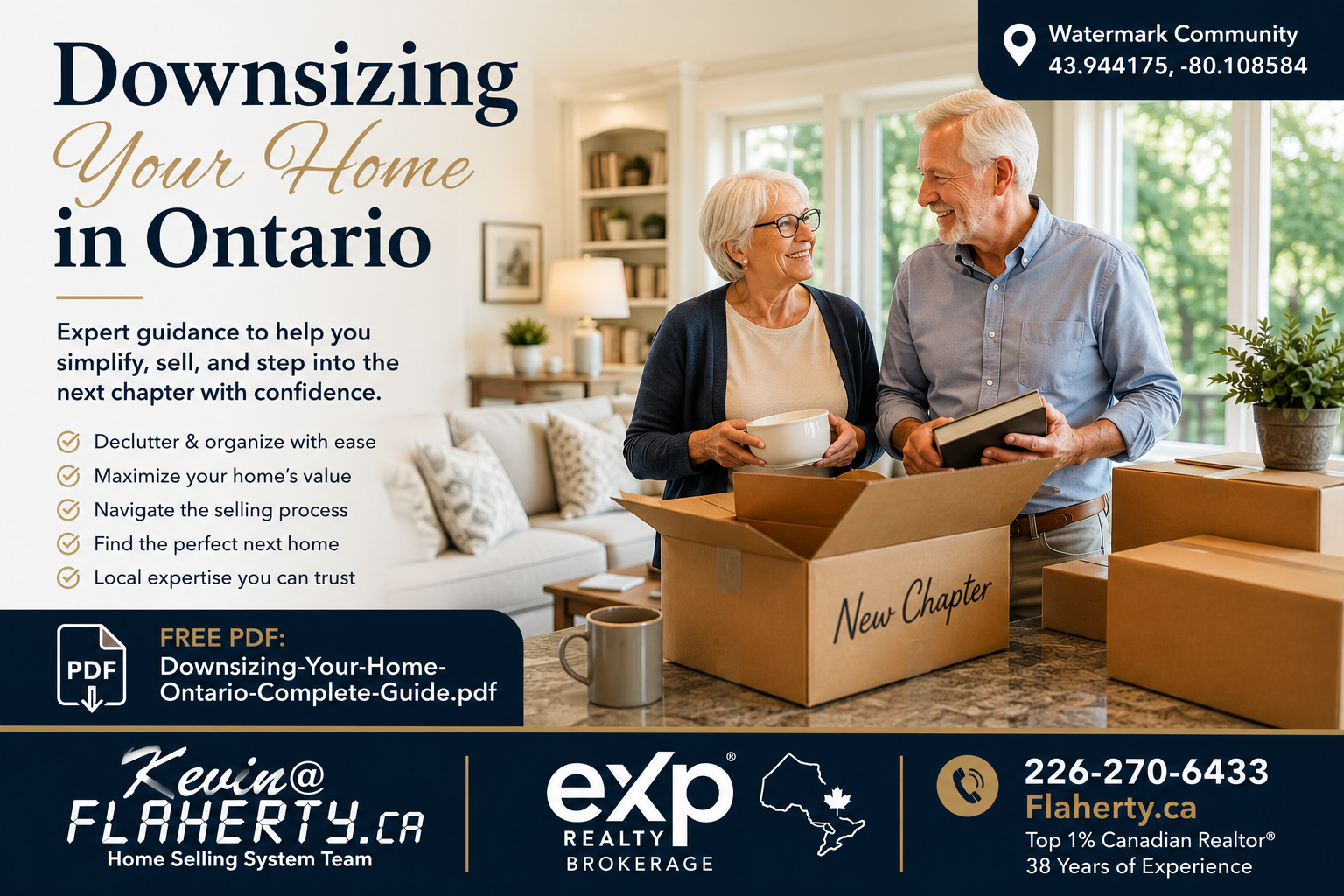 55 plus couple unpacking moving boxes in the Watermark community at 43.944175, -80.108584