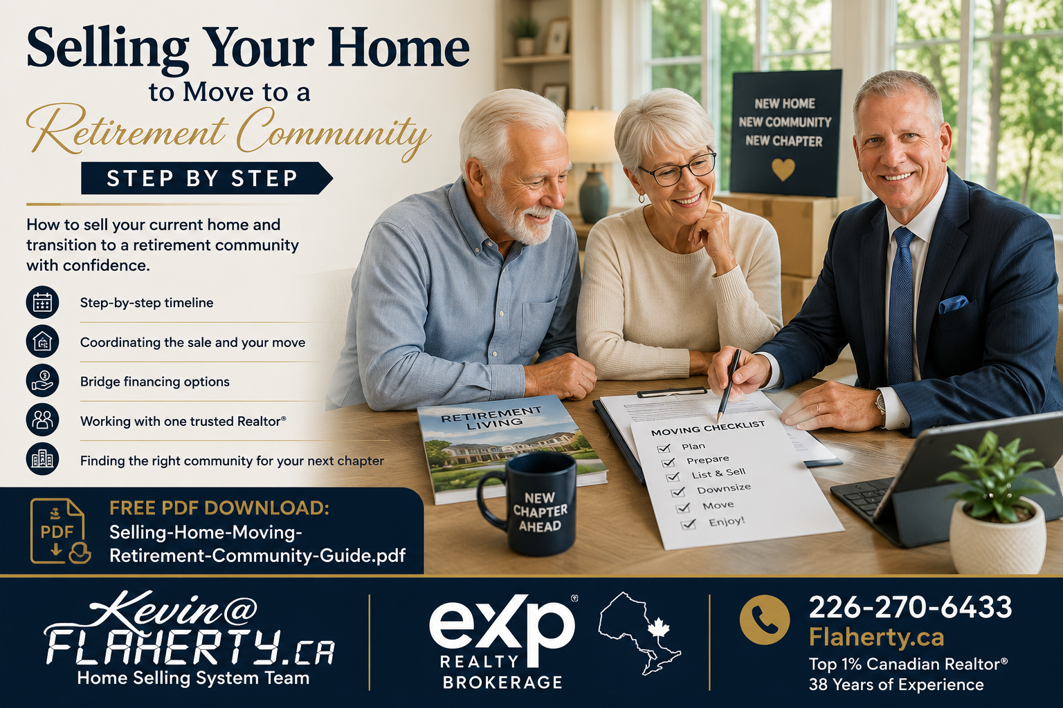 Kevin Flaherty sitting with an adult 55 plus couple planning on selling and moving to a retirement community at the Flaherty Team office 43.923536, -80.082603