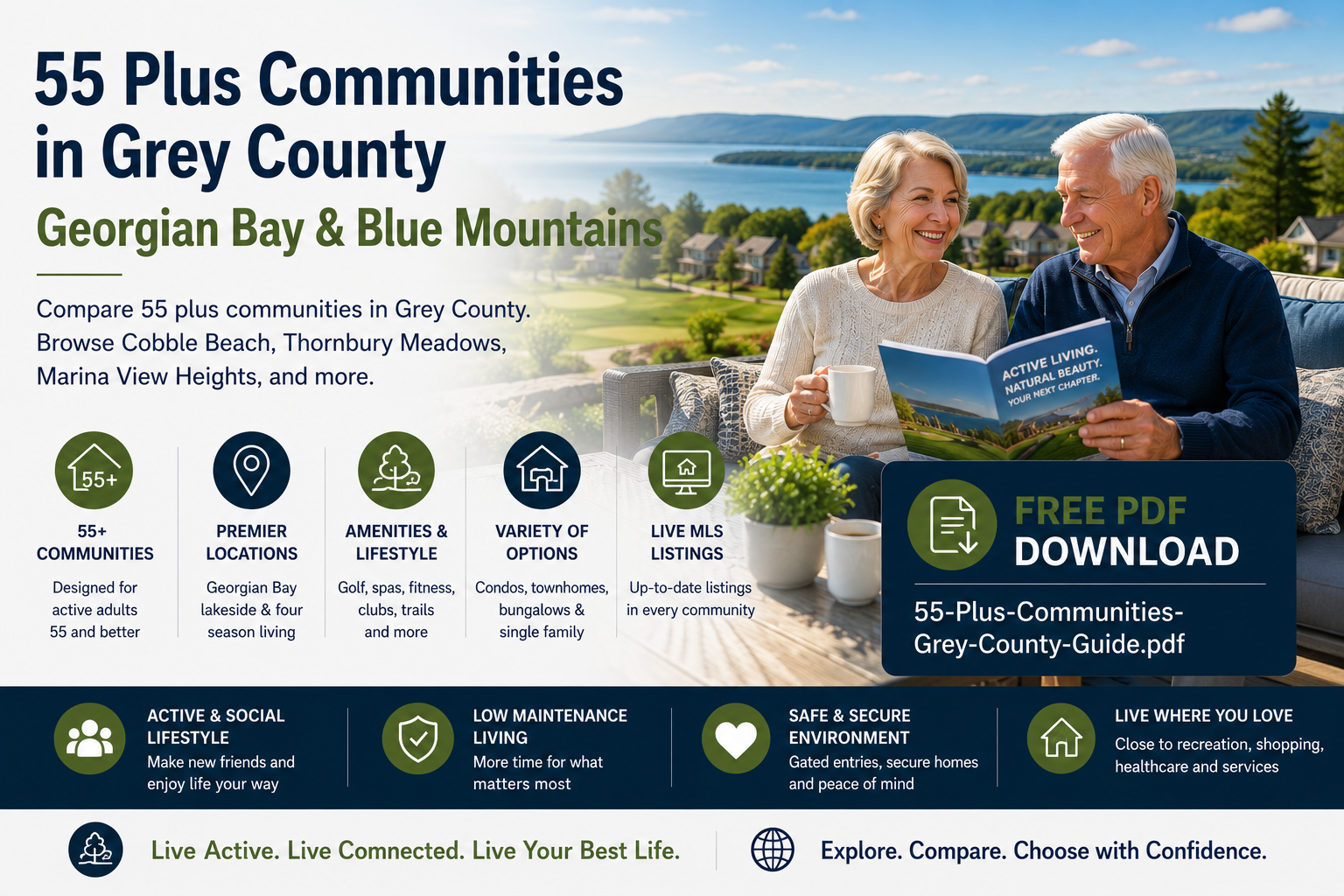 A 55 plus couple in the Cobble Beach Adult community Grey County on a patio overlooking the bay at 44.673371, -80.919692