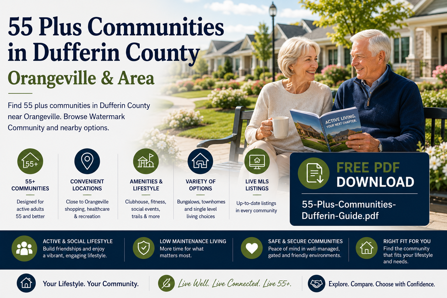 A 55 plus couple sitting on a bench in the Watermark Adult community Dufferin County at 43.941210, -80.110918