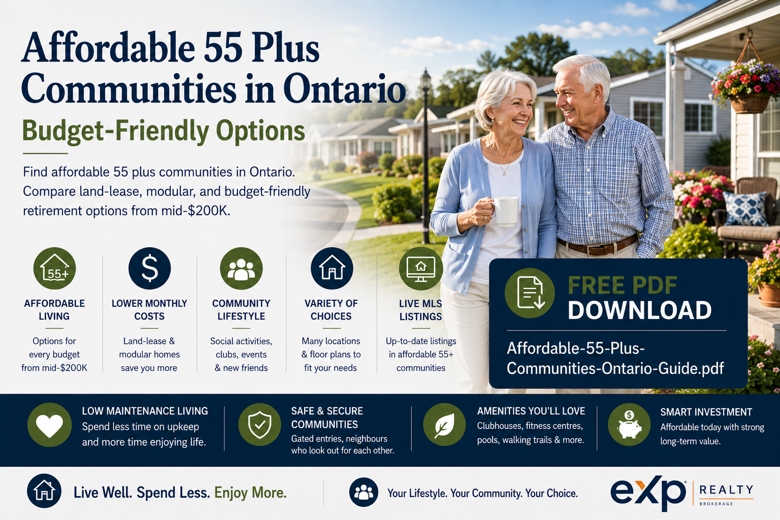 A 55 plus couple walking in an affordable budget friendly Adult lifestyle community at 44.553688, -79.284872