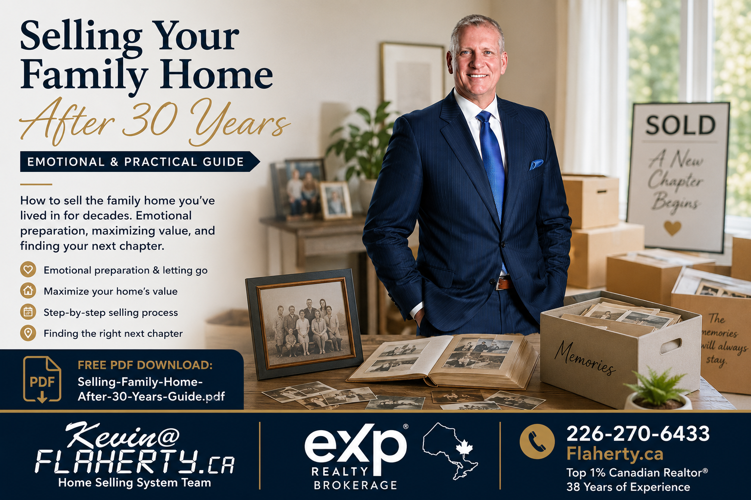 Kevin Flaherty standing in a home with moving boxes and old photos offering a free PDF download called selling family home after 30 years guide at 43.923587, -80.082657
