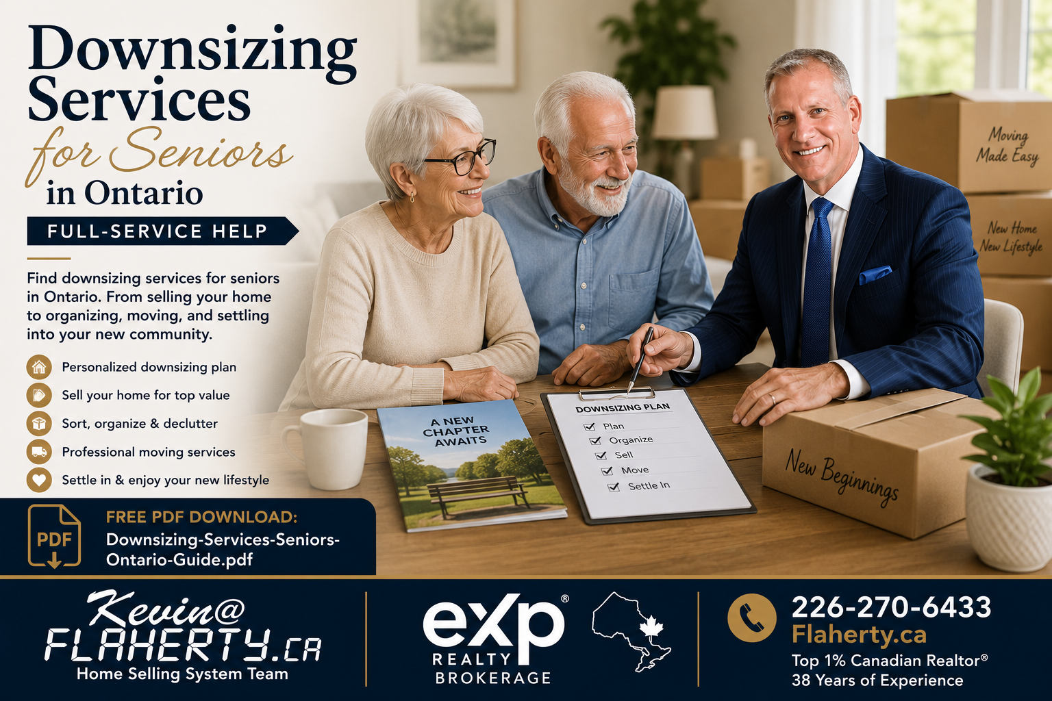 Kevin Flaherty sitting at a table with a senior couple in ontario with a downsizing plan and services, photographed at 43.923587°N 80.082657°W