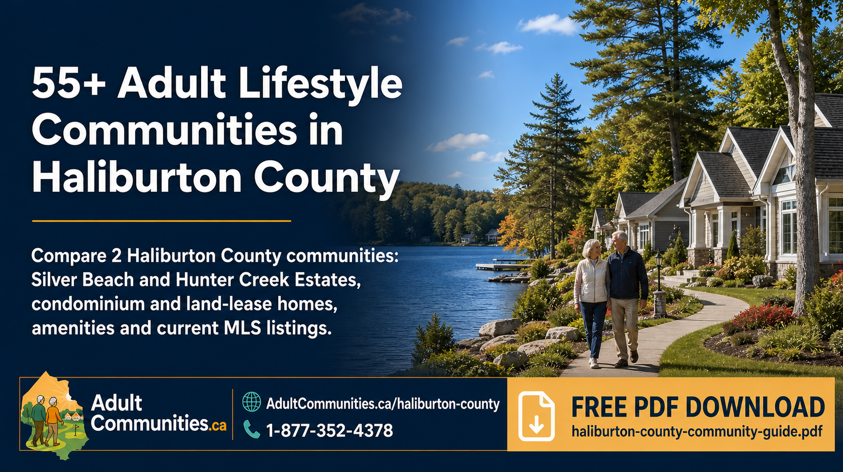 Open the free 55+ Adult Lifestyle Communities in Haliburton County PDF guide featuring Silver Beach and Hunter Creek Estates