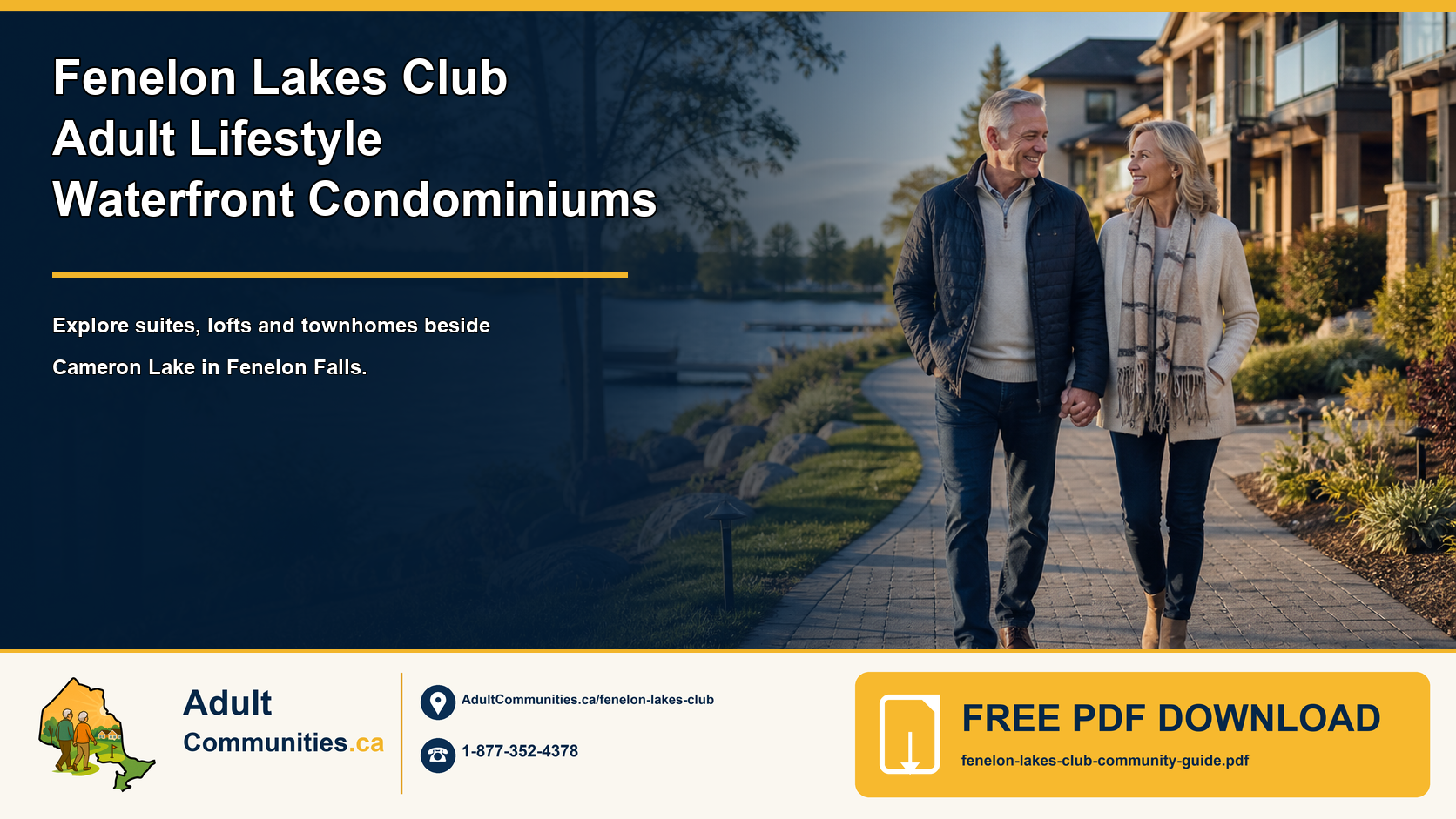 Fenelon Lakes Club adult-lifestyle waterfront condominium guide graphic showing a mature couple beside Cameron Lake residences