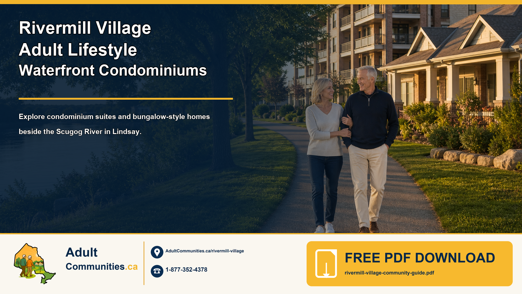 Rivermill Village adult-lifestyle waterfront condominium guide graphic showing a mature couple beside Lindsay residences