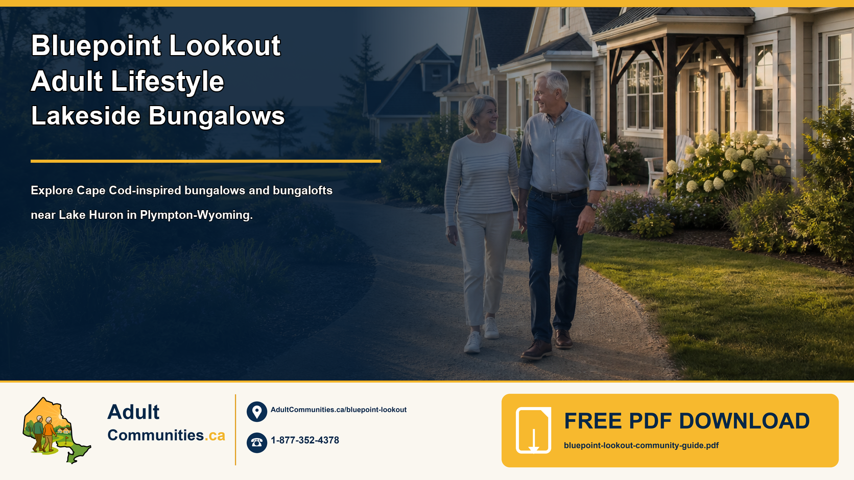 Bluepoint Lookout adult-lifestyle lakeside bungalow community guide graphic showing a mature couple near detached homes