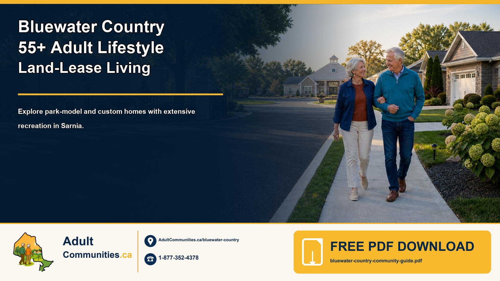 Bluewater Country 55-plus adult-lifestyle land-lease community guide graphic showing a mature couple near detached homes