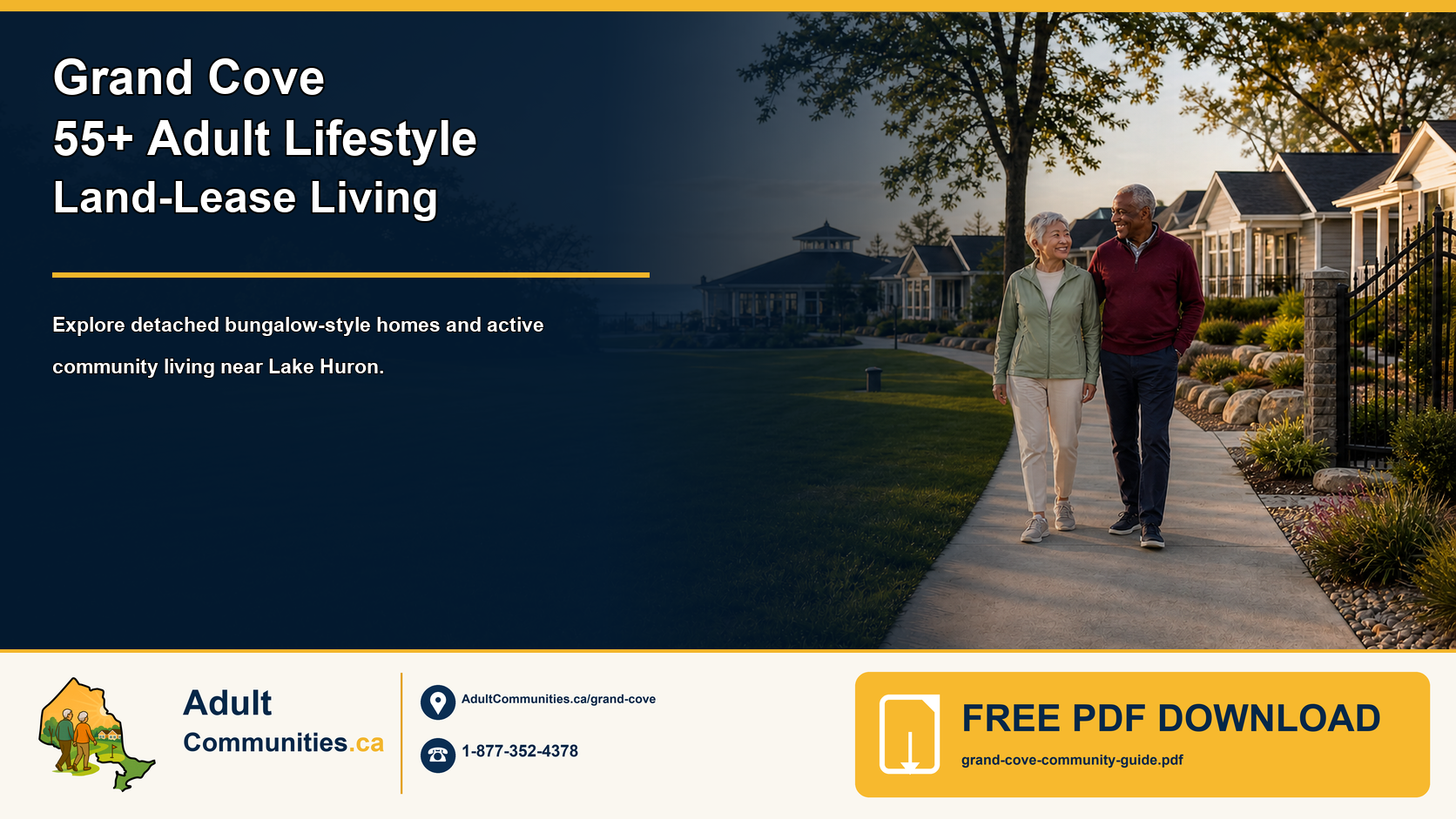 Grand Cove 55-plus adult-lifestyle land-lease community guide graphic showing a mature couple in a detached-home community