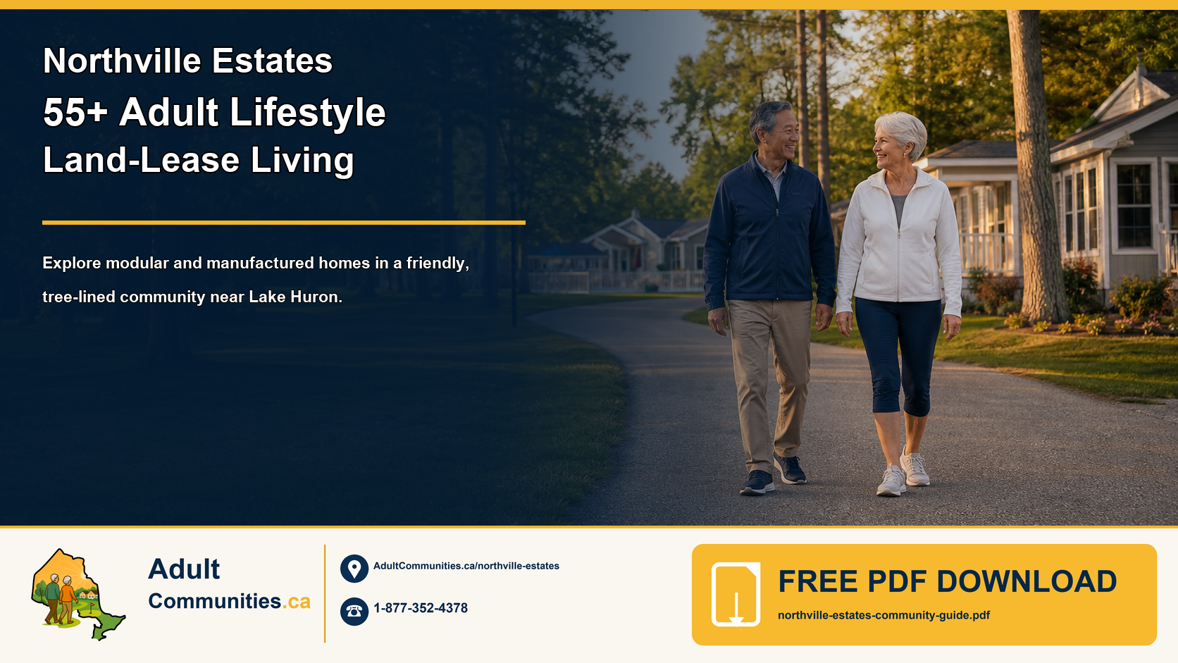 Northville Estates 55-plus adult-lifestyle land-lease community guide graphic showing a mature couple in a tree-lined modular-home community