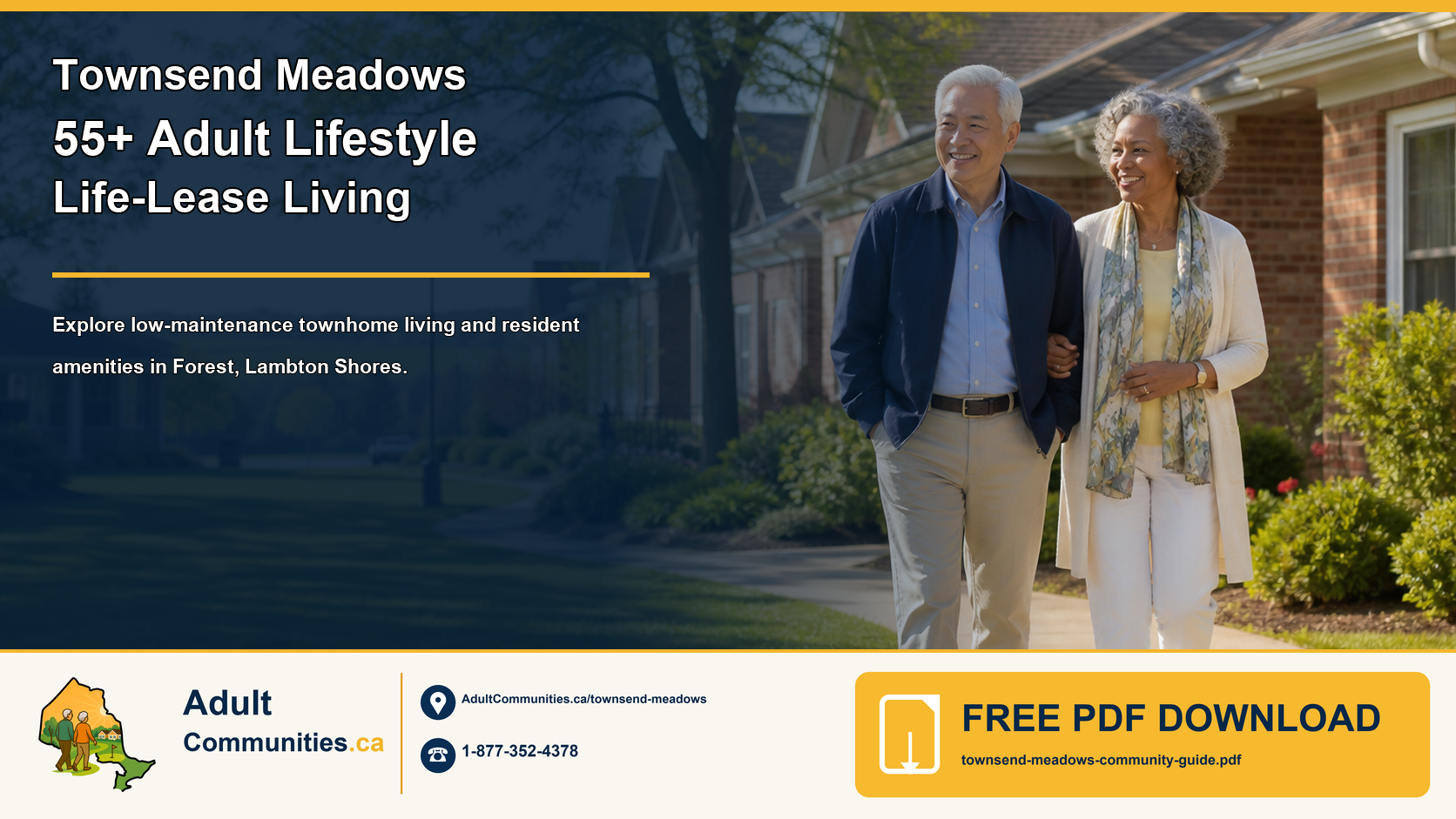 Townsend Meadows 55-plus adult-lifestyle life-lease community guide graphic showing a mature couple in an established townhome community
