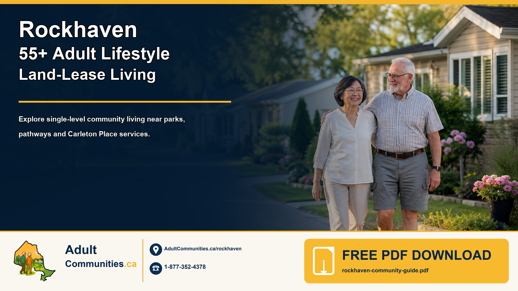 Rockhaven 55-plus adult-lifestyle land-lease community guide graphic showing a mature couple in an established single-level home community