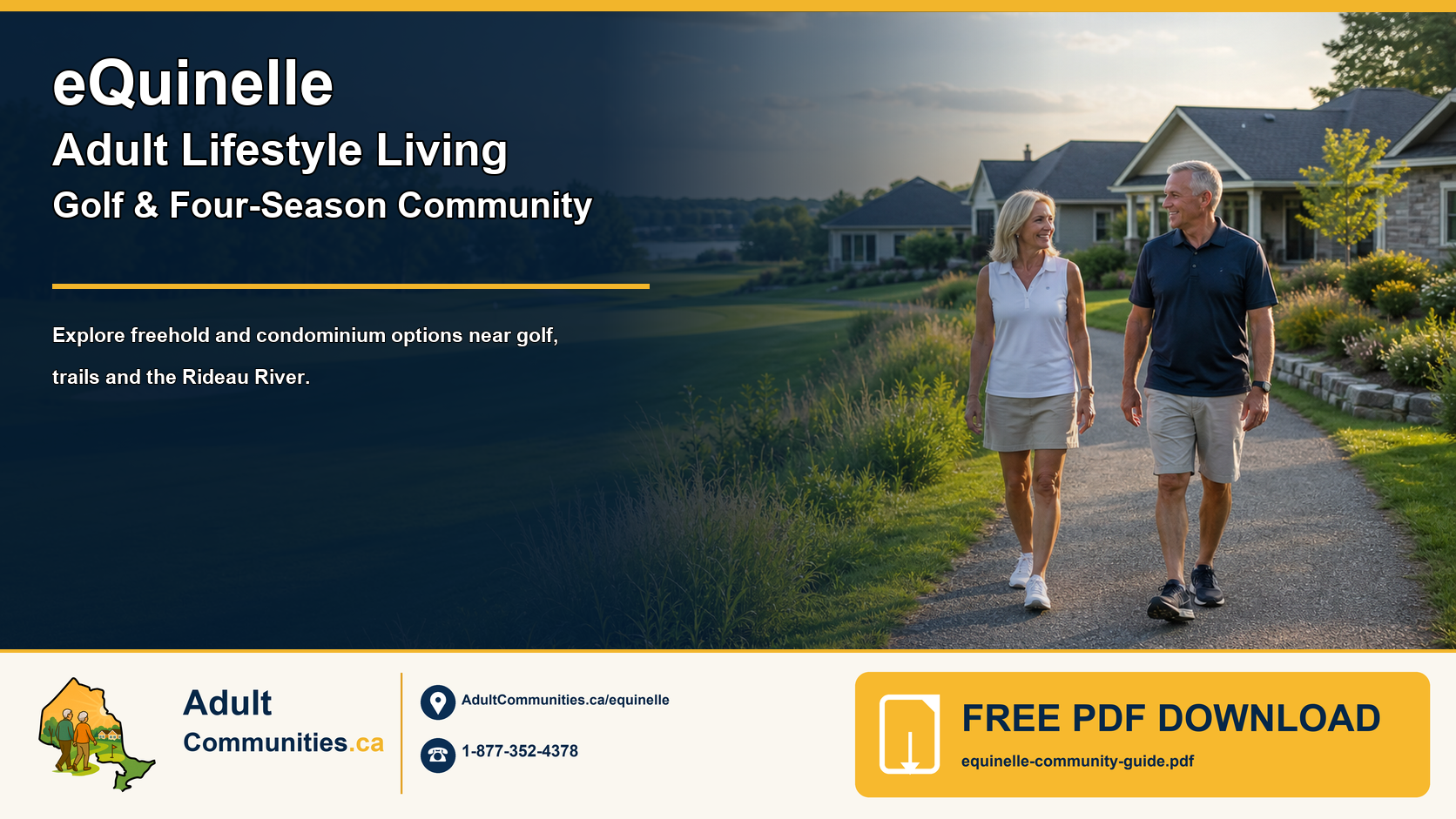 eQuinelle adult-lifestyle golf-community guide graphic showing a mature couple walking near homes and green space