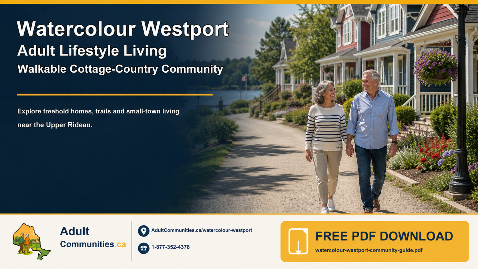 Watercolour Westport adult-lifestyle community guide graphic showing a mature couple walking near colourful cottage-inspired homes and the water