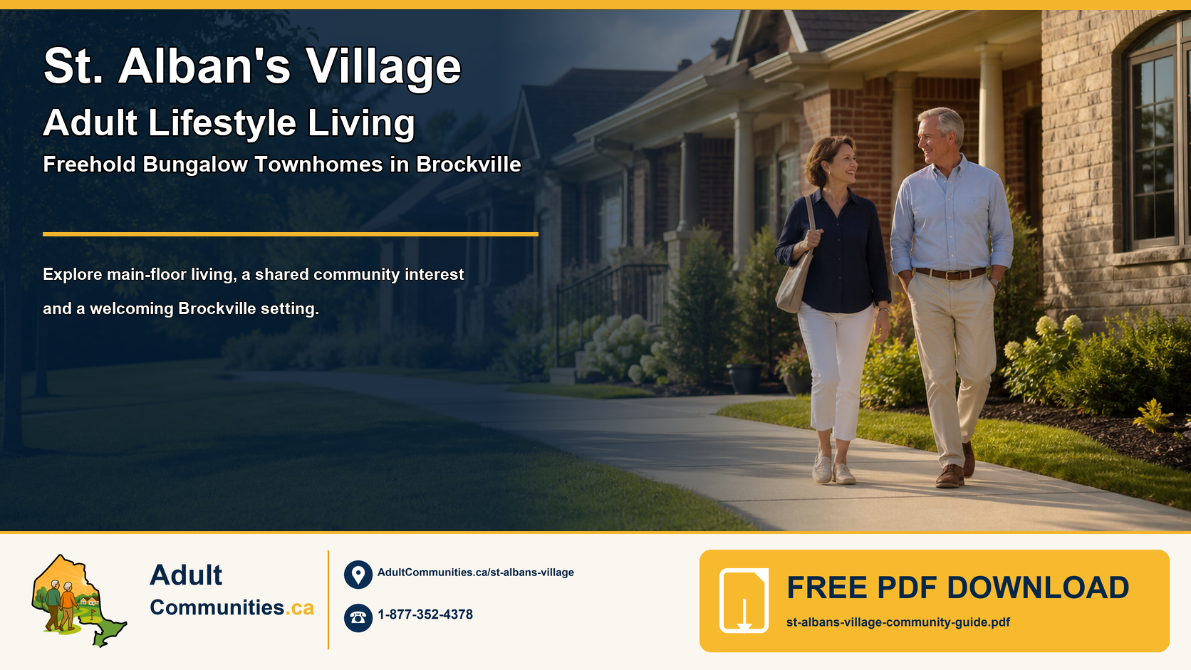 St. Alban's Village adult-lifestyle freehold bungalow-townhome community guide graphic showing a mature couple