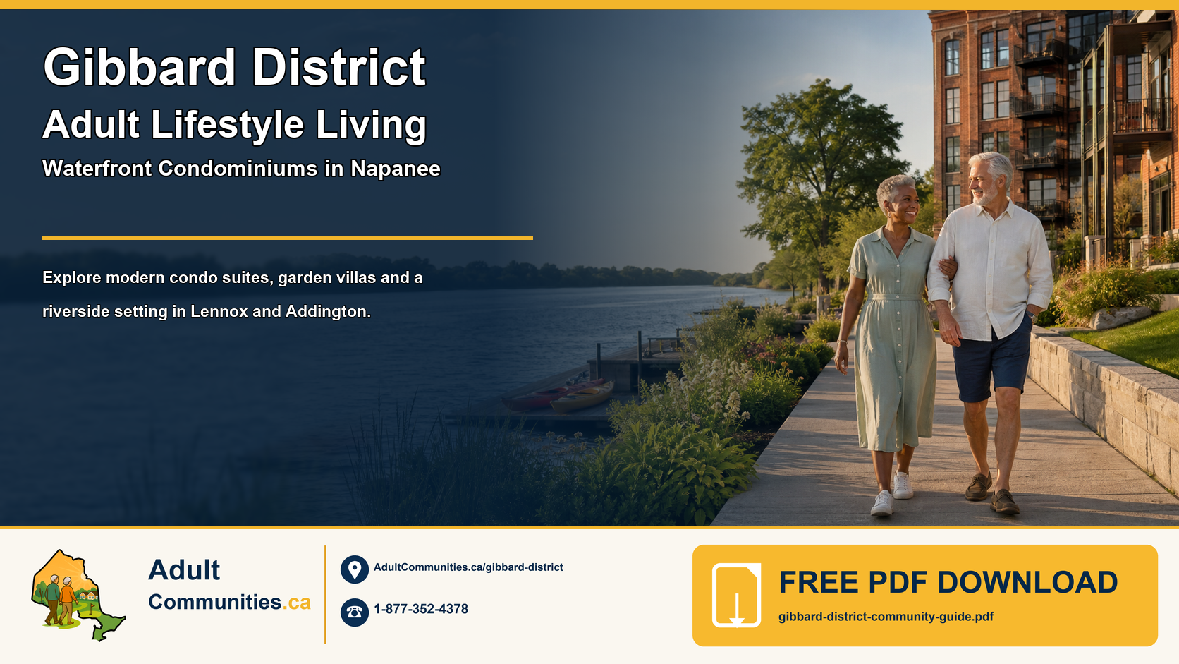 Gibbard District adult-lifestyle waterfront condominium guide graphic showing a mature couple in a Napanee riverfront setting