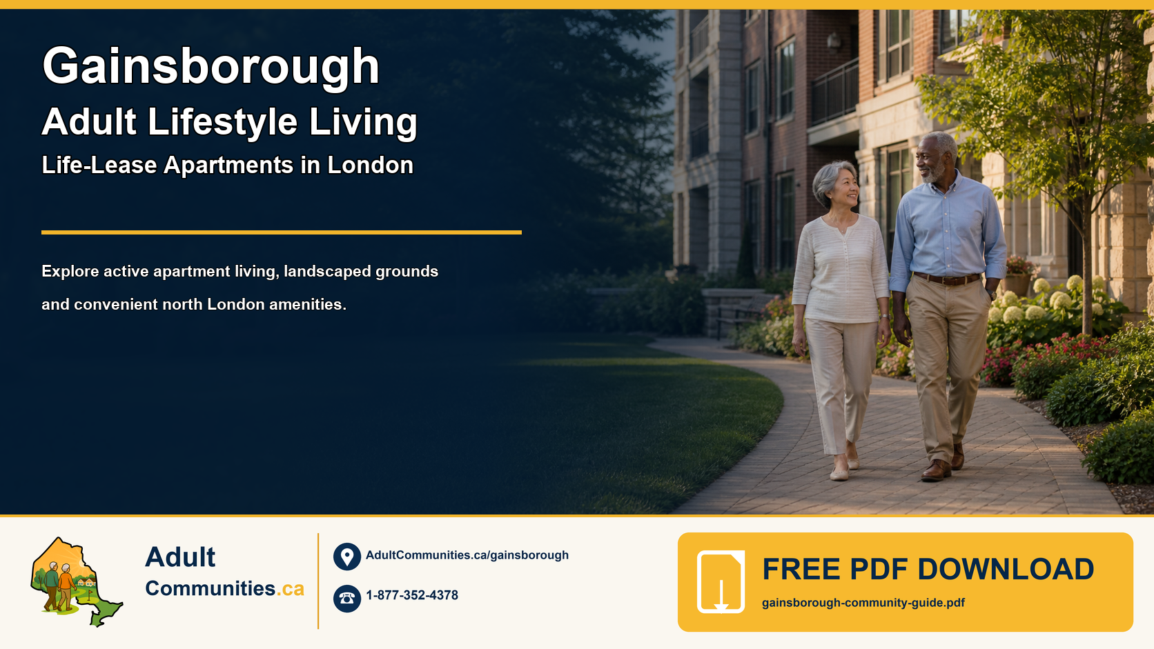 Gainsborough adult-lifestyle life-lease community guide graphic showing a mature couple in a London apartment-community setting