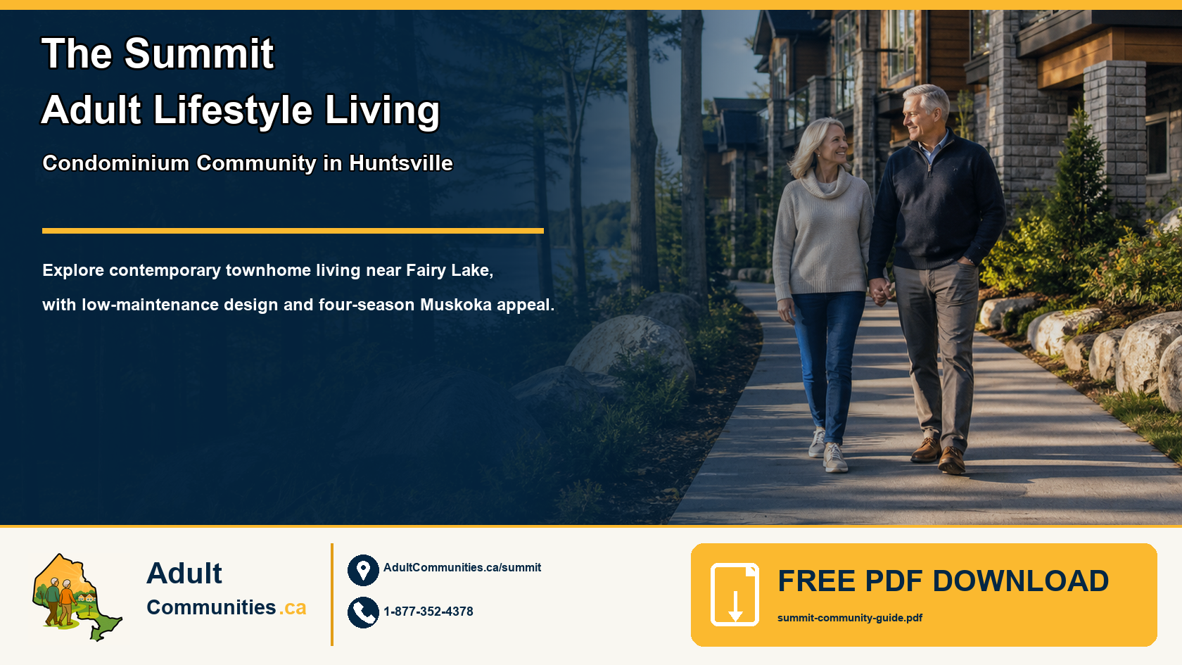 The Summit Adult Lifestyle Living condominium community graphic showing a mature couple in a Muskoka setting