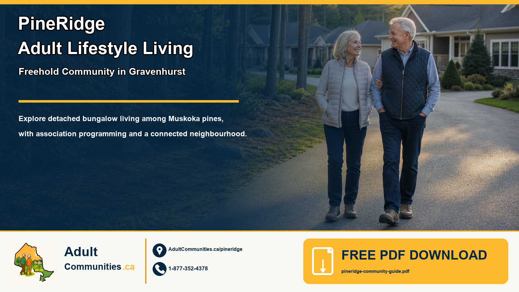 PineRidge Adult Lifestyle Living freehold community graphic showing a mature couple in a wooded Gravenhurst neighbourhood