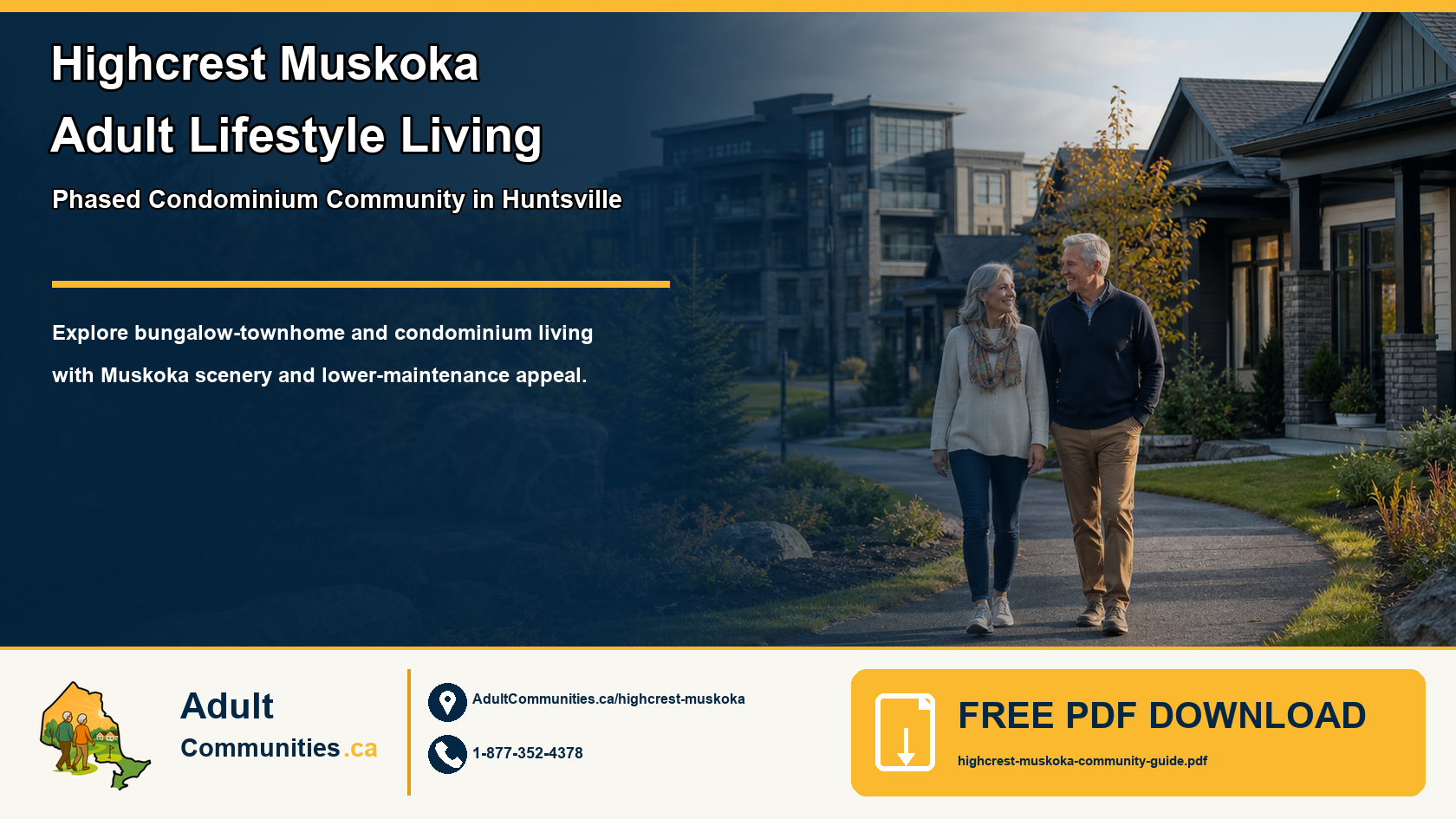 Highcrest Muskoka Adult Lifestyle Living phased condominium community graphic showing a mature couple in a Huntsville setting