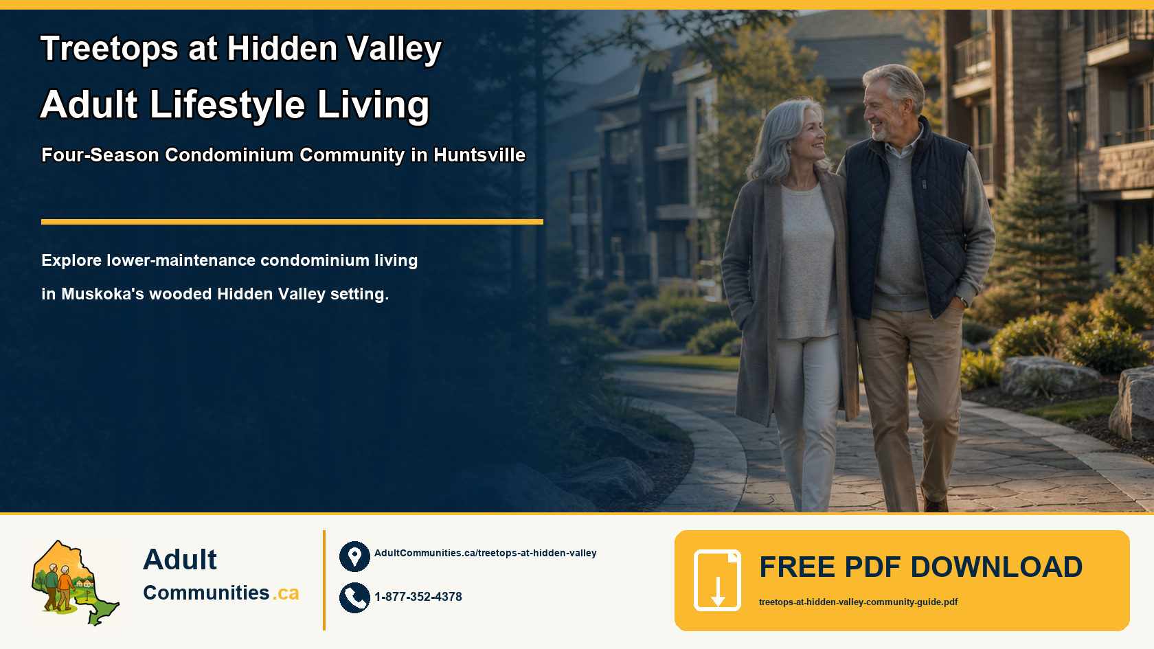 Treetops at Hidden Valley Adult Lifestyle Living four-season condominium community graphic showing a mature couple in a wooded Huntsville setting