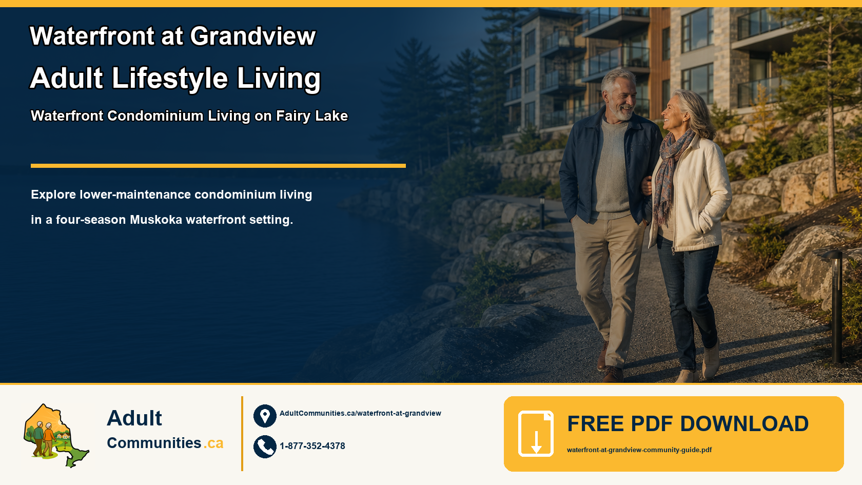 Waterfront at Grandview Adult Lifestyle Living waterfront condominium community graphic showing a mature couple in a Fairy Lake setting