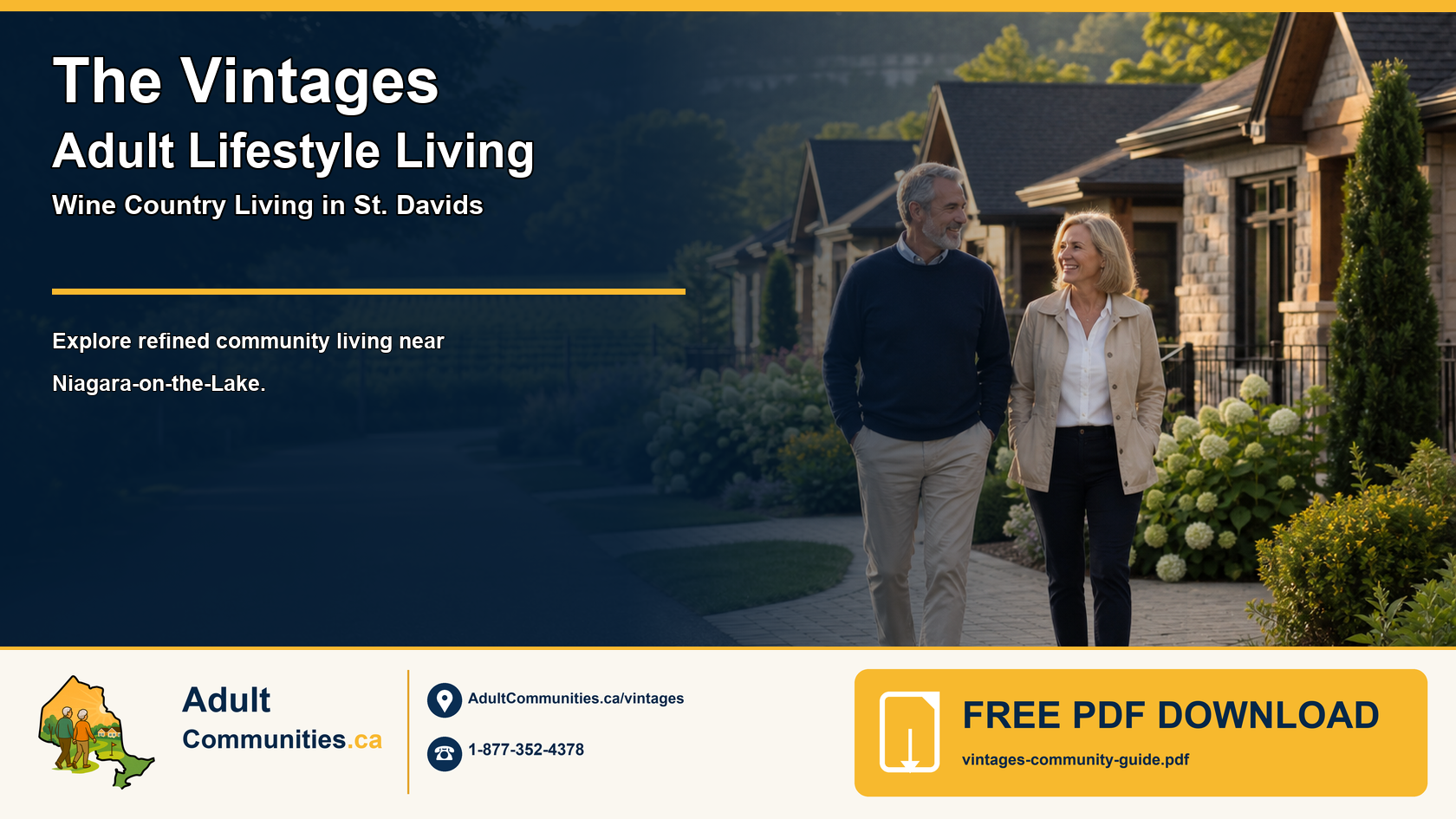 The Vintages Adult Lifestyle Living detached-bungalow community guide graphic showing a mature couple in St. Davids