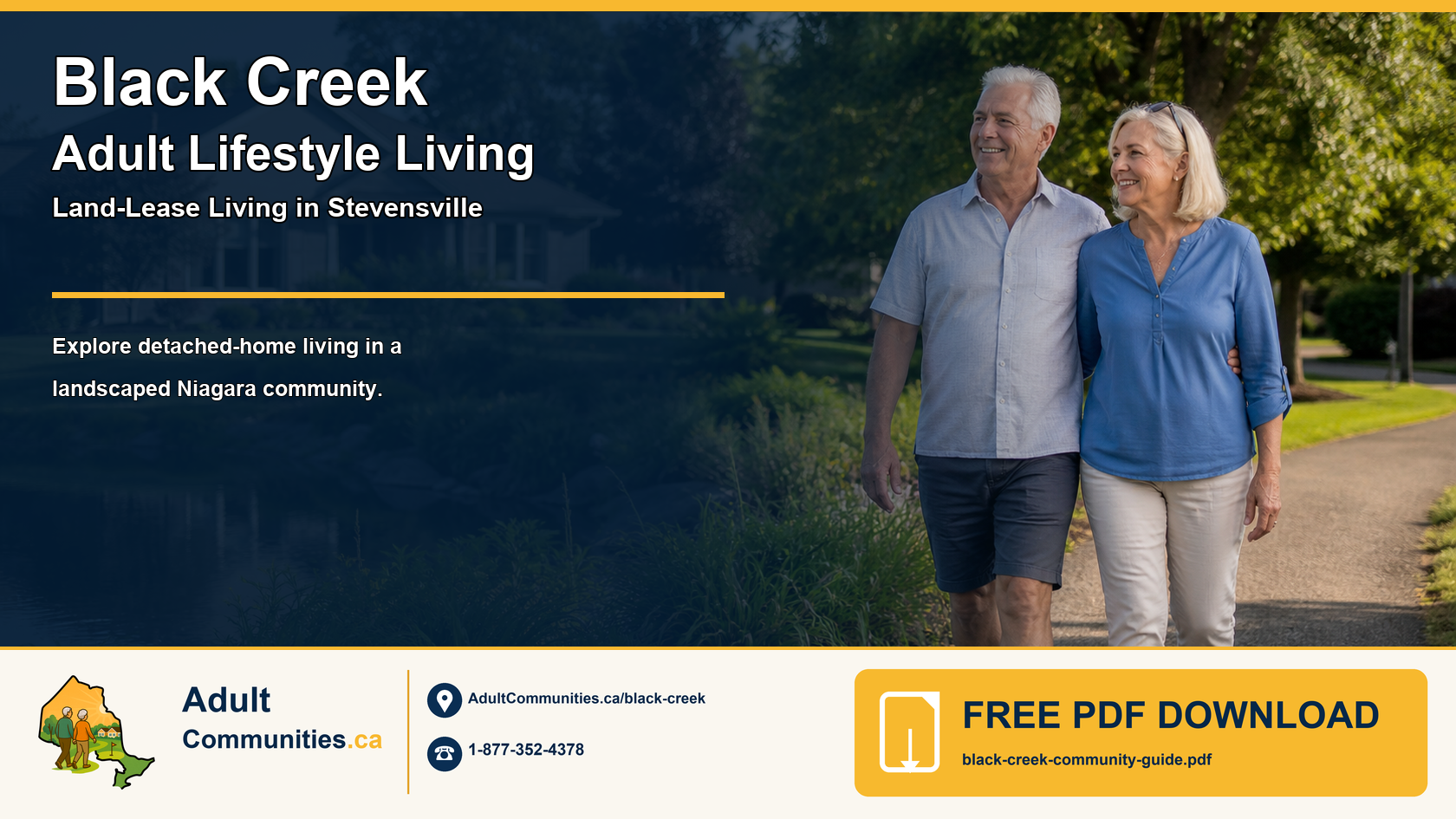 Black Creek adult-lifestyle land-lease community guide graphic showing a mature couple near detached homes