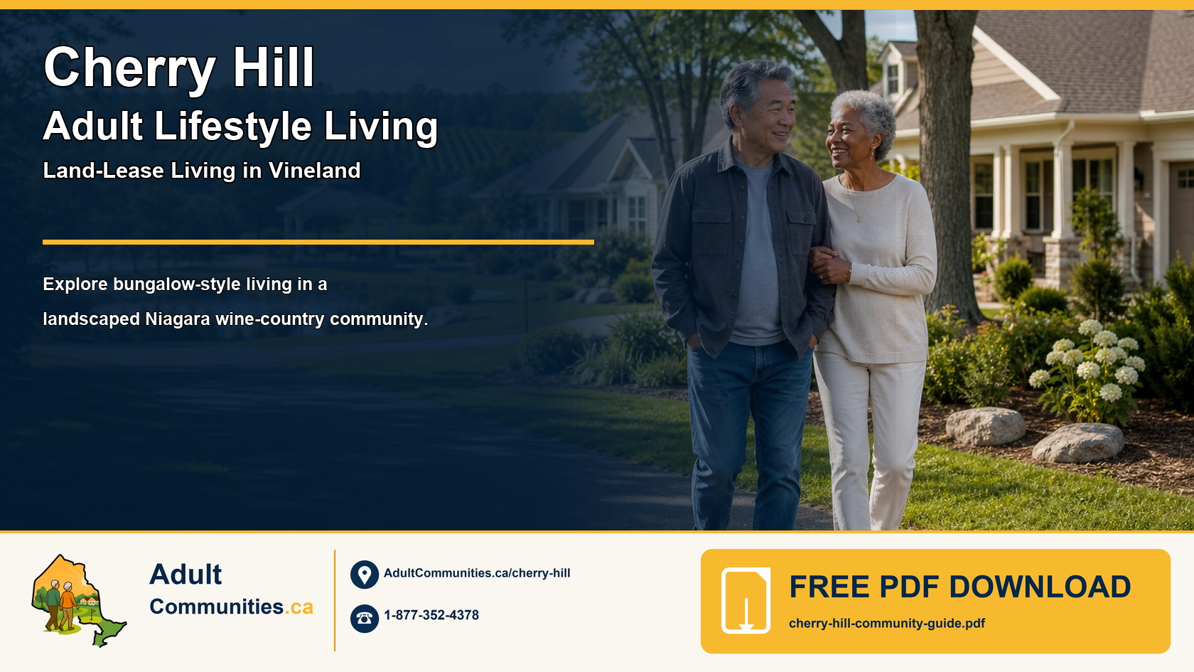 Cherry Hill adult-lifestyle land-lease community guide graphic showing a mature couple near bungalow-style homes in Vineland