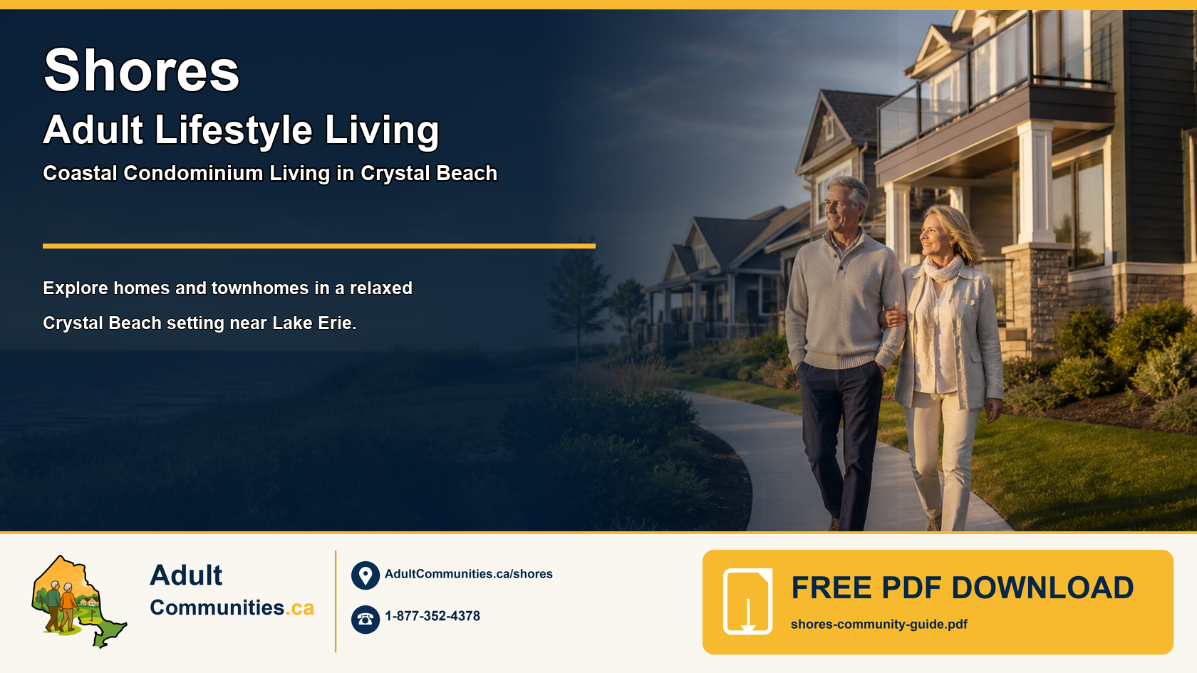 Shores adult-lifestyle condominium community guide graphic showing a mature couple near coastal homes in Crystal Beach