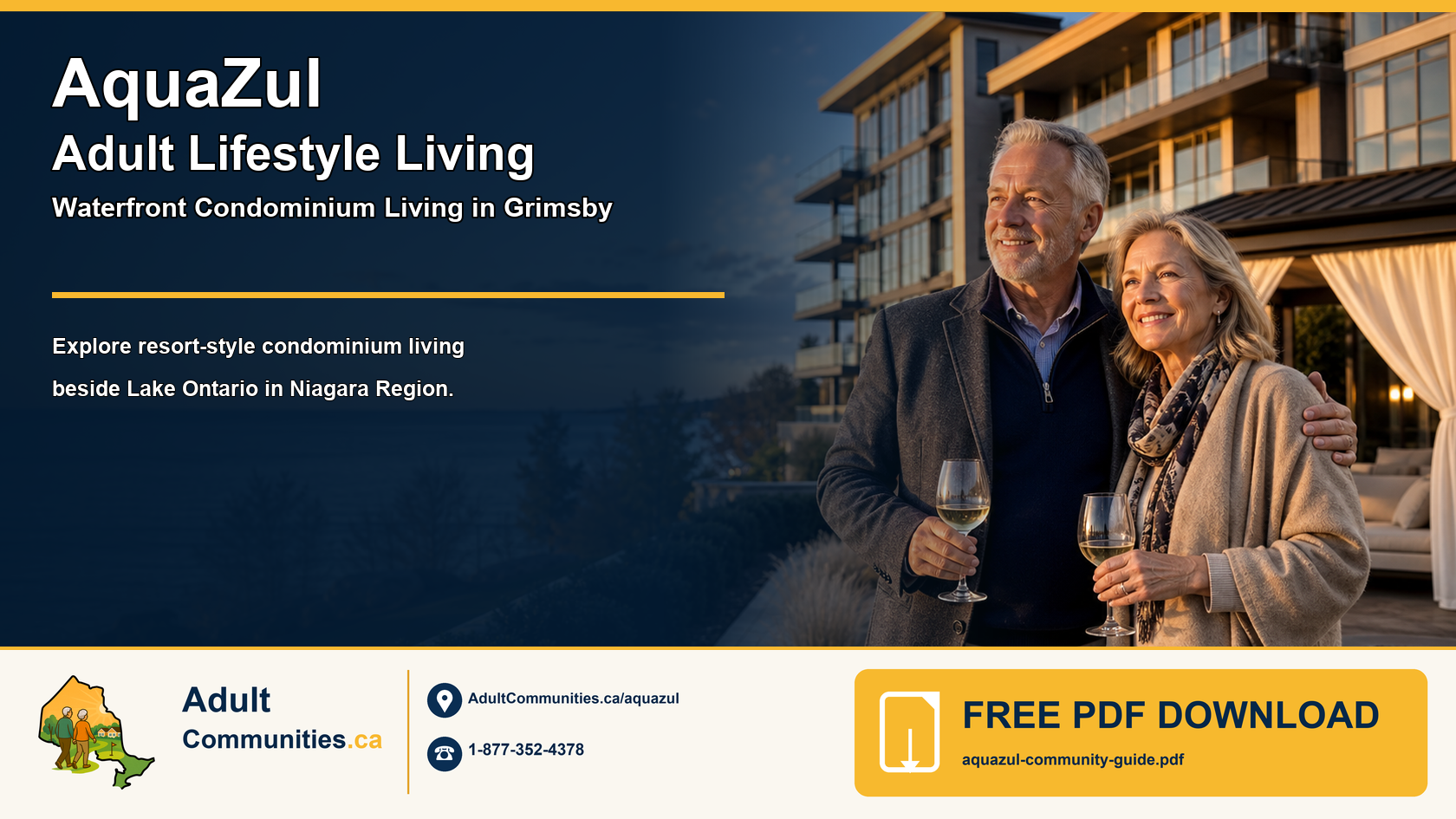 AquaZul adult-lifestyle waterfront condominium guide graphic showing a mature couple beside Lake Ontario in Grimsby