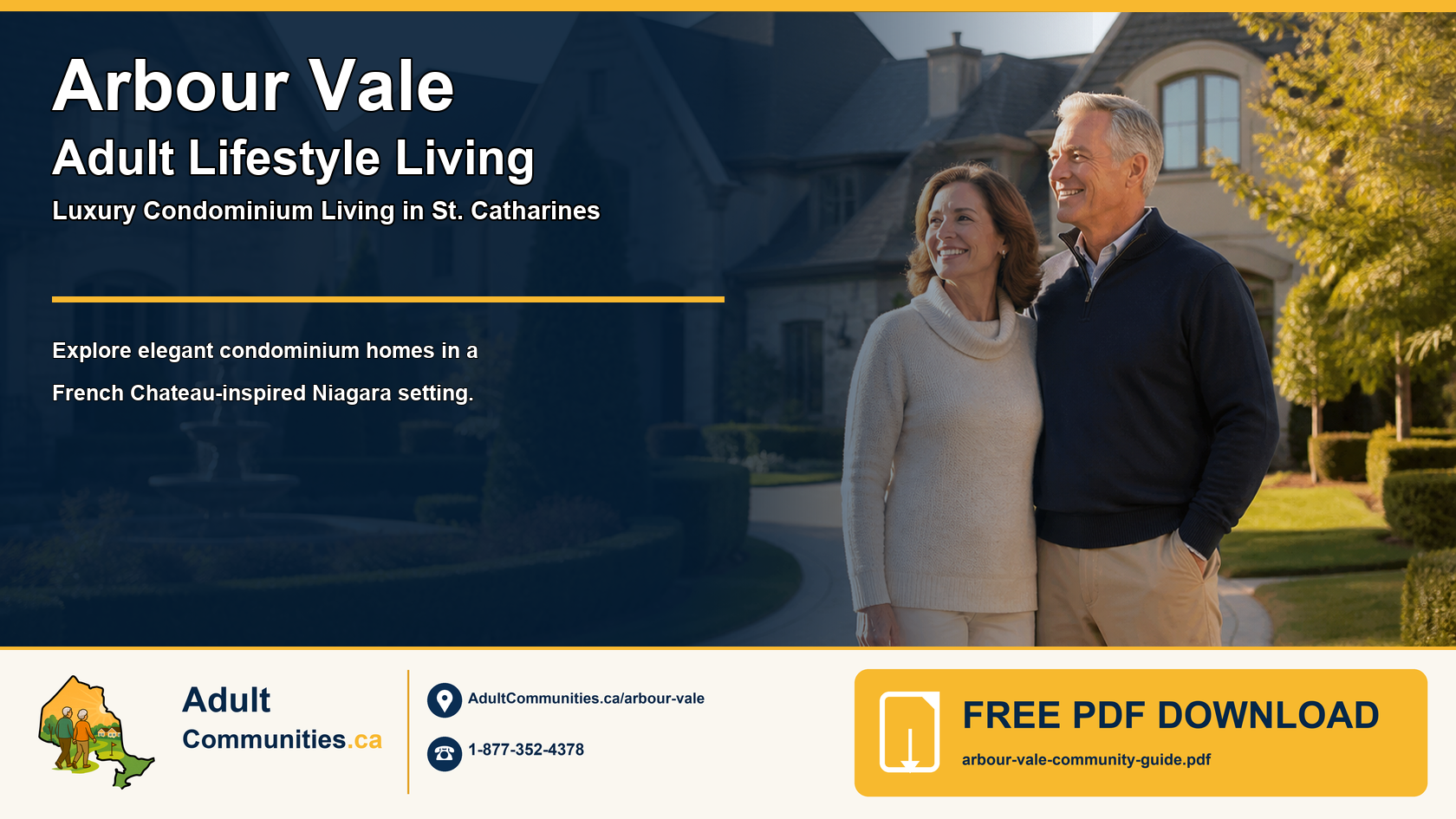 Arbour Vale adult-lifestyle community guide graphic showing mature adults in a landscaped St. Catharines setting