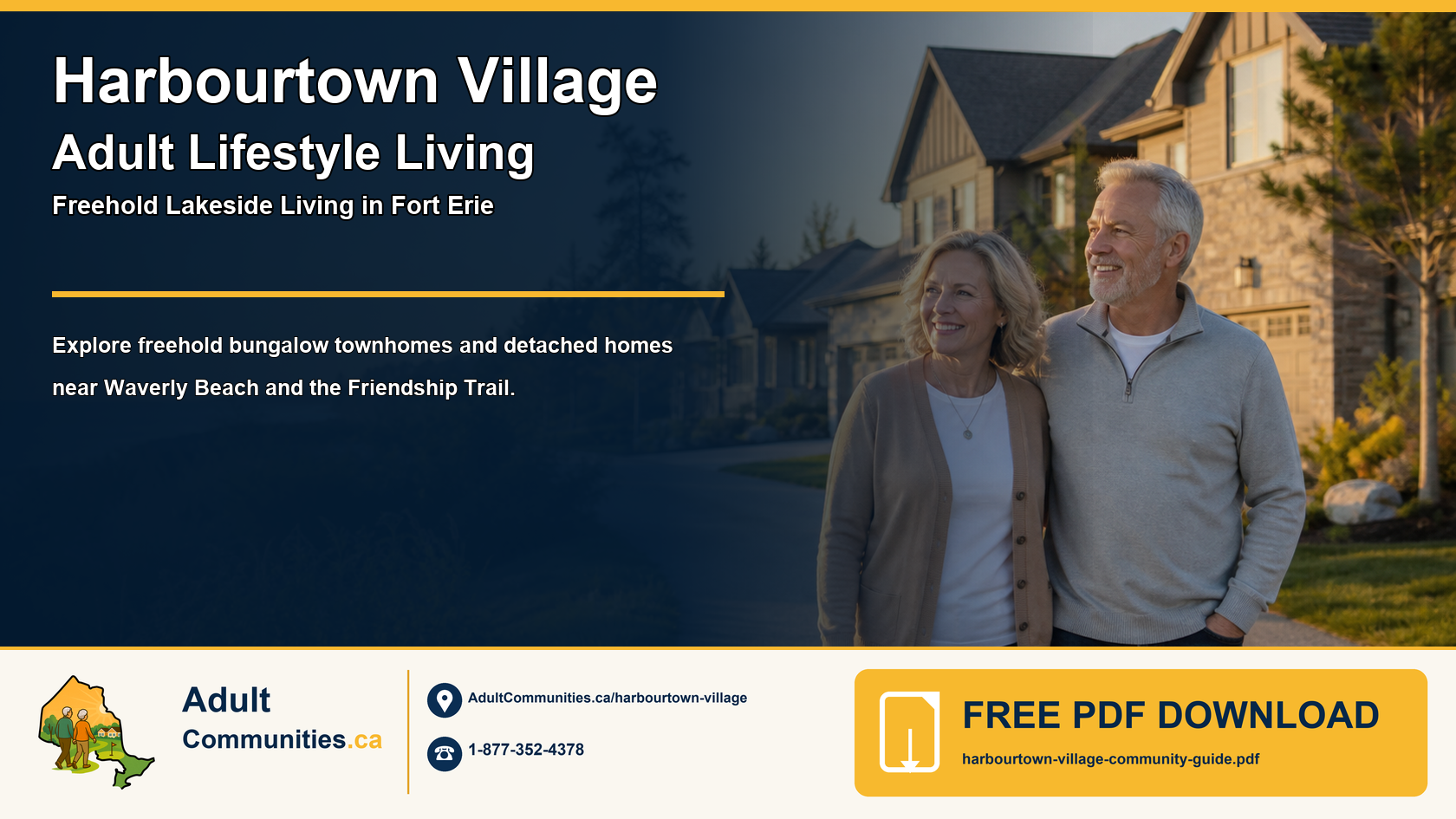 Harbourtown Village adult-lifestyle community guide graphic showing mature adults in a lakeside Fort Erie setting