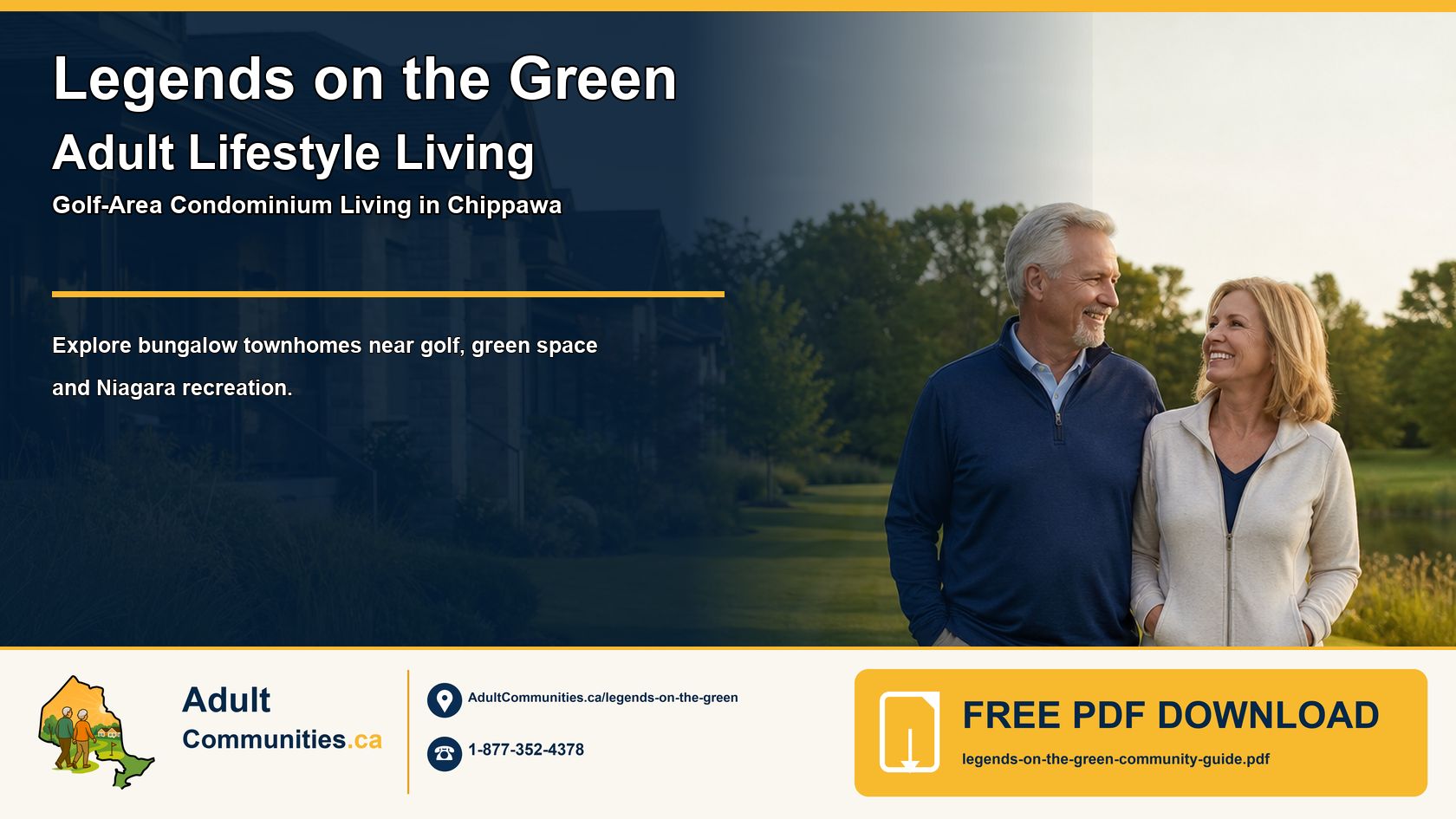 Legends on the Green adult-lifestyle community guide graphic showing mature adults in a golf-area green-space setting