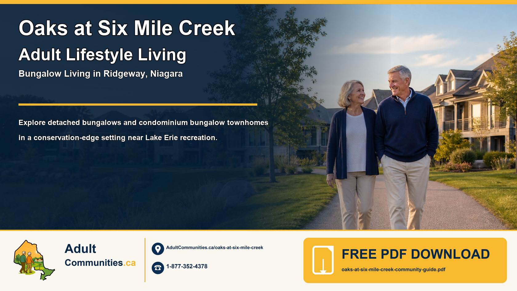 Oaks at Six Mile Creek adult-lifestyle community guide graphic showing mature adults in a landscaped Ridgeway bungalow setting