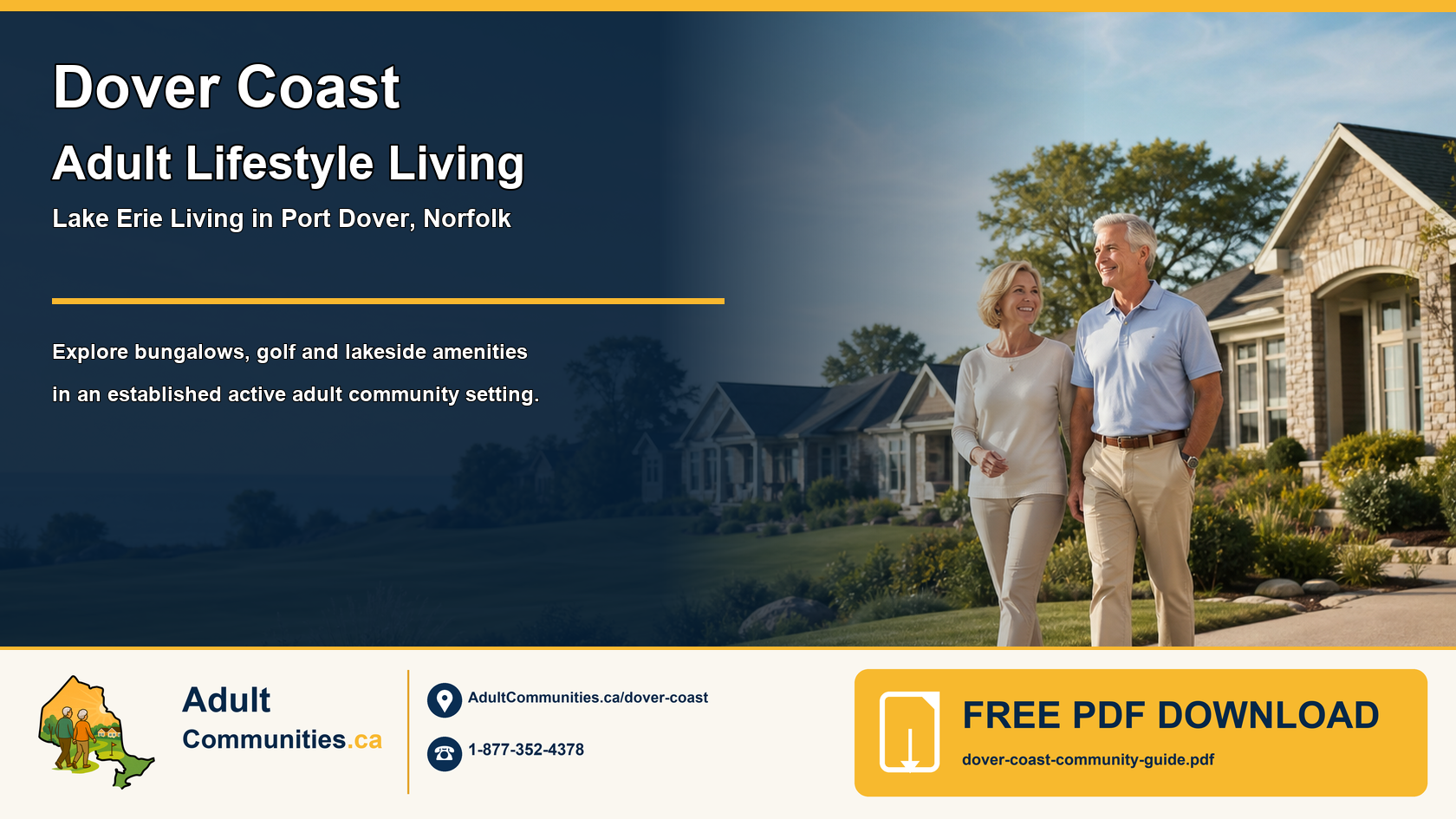 Dover Coast adult-lifestyle community guide graphic showing mature adults in a Lake Erie bungalow and golf setting