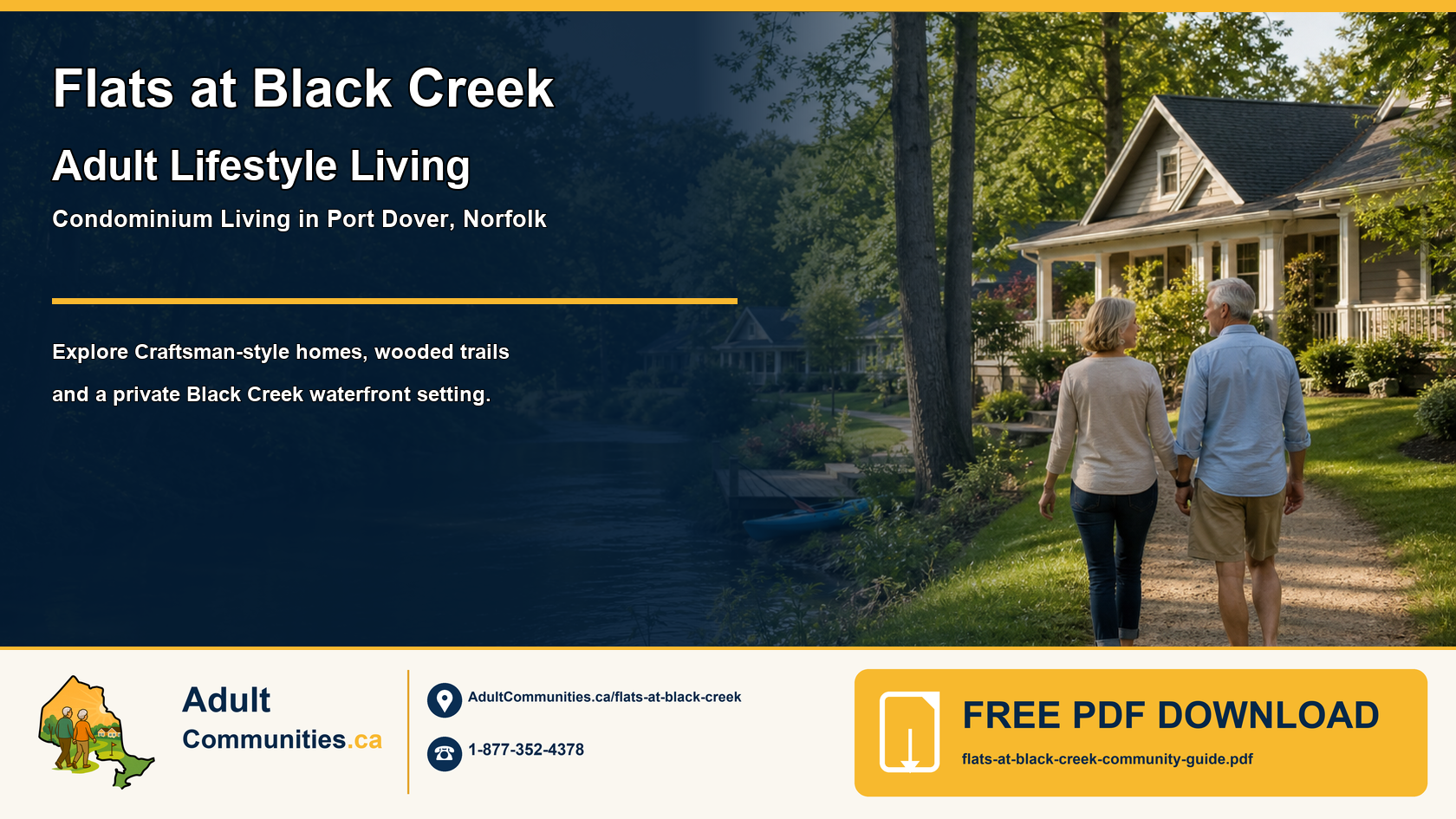 Flats at Black Creek adult-lifestyle community guide graphic showing mature adults in a wooded Craftsman-style community beside Black Creek