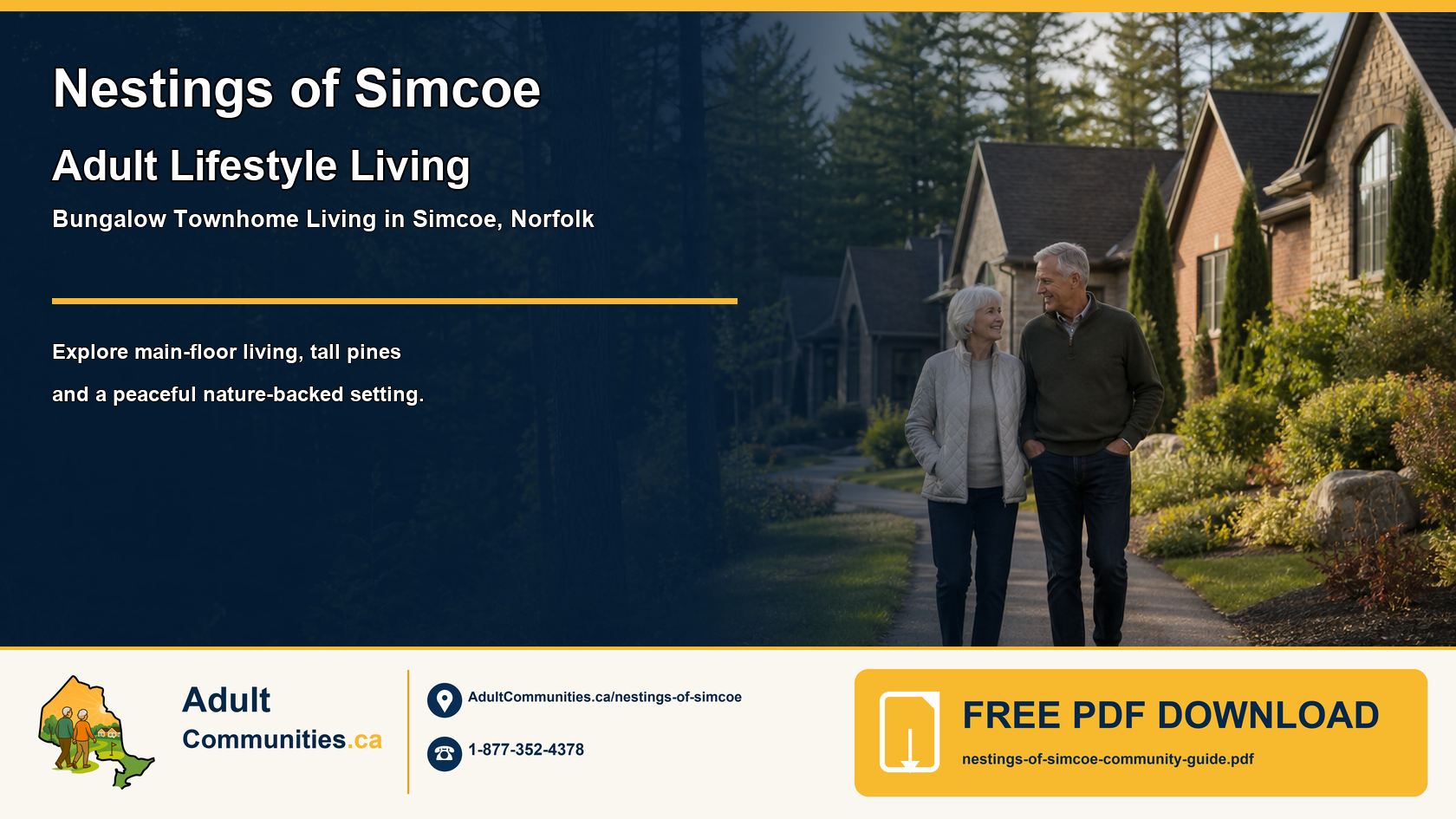 Nestings of Simcoe community guide graphic showing mature adults walking among bungalow townhomes and tall pines