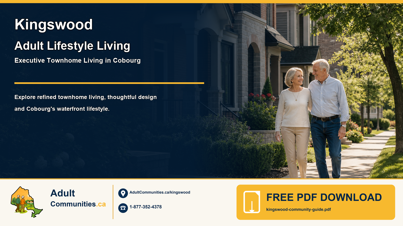 Kingswood community guide graphic showing mature adults walking beside executive townhomes in Cobourg
