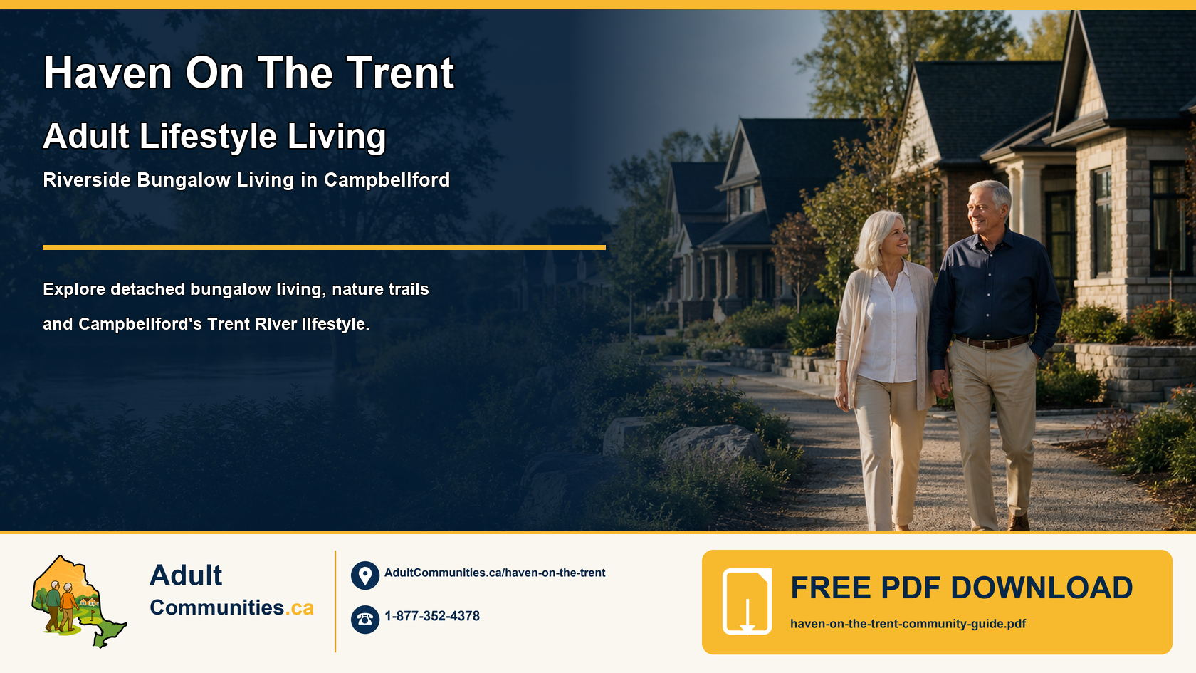 Haven On The Trent community guide graphic showing mature adults walking beside detached bungalows in Campbellford