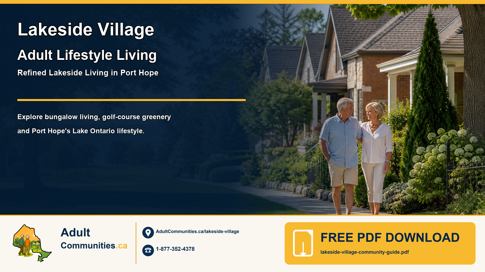 Lakeside Village community guide graphic showing mature adults walking beside brick homes in Port Hope