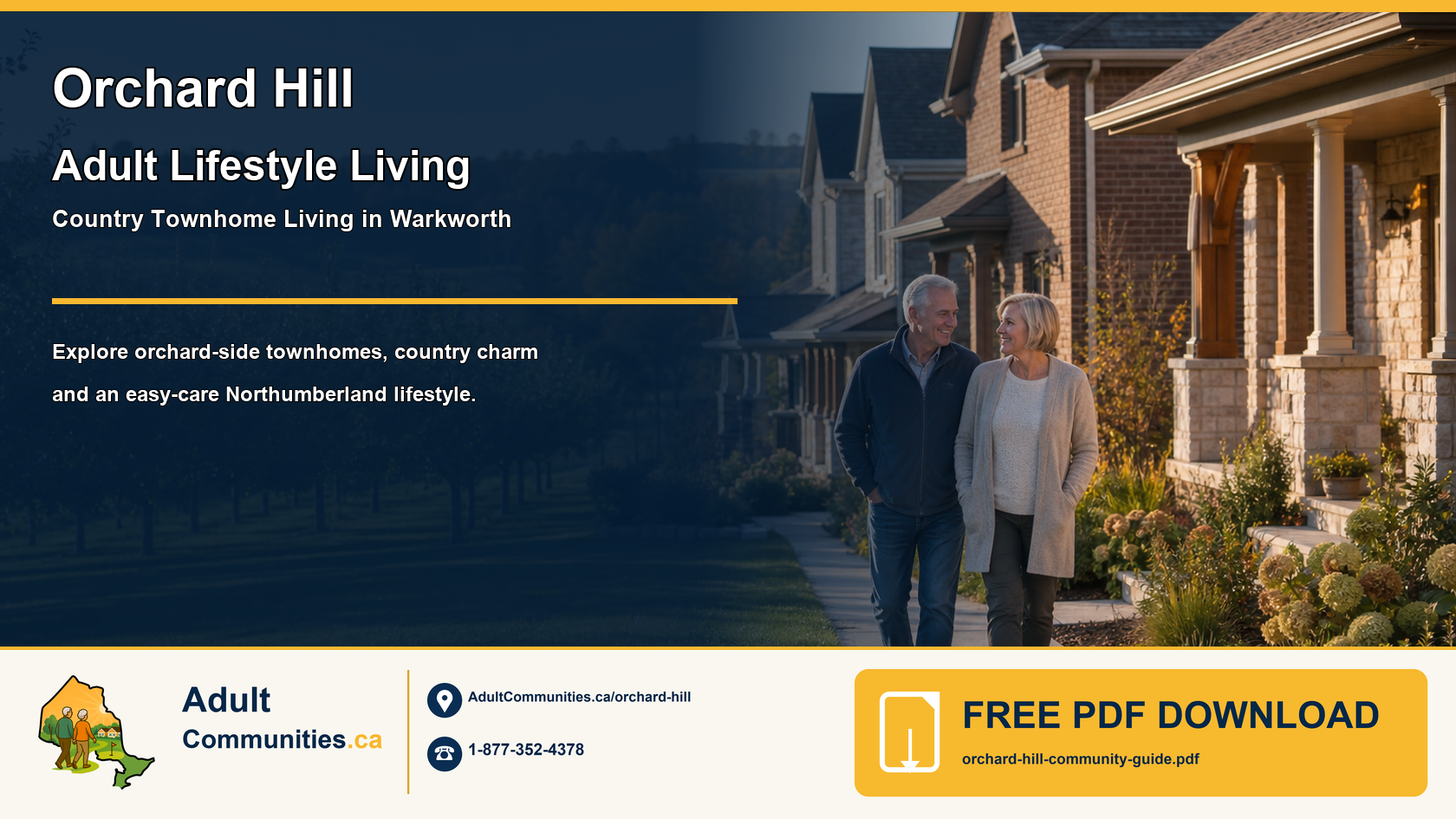 Mature adults walking beside country townhomes and an apple orchard in Warkworth