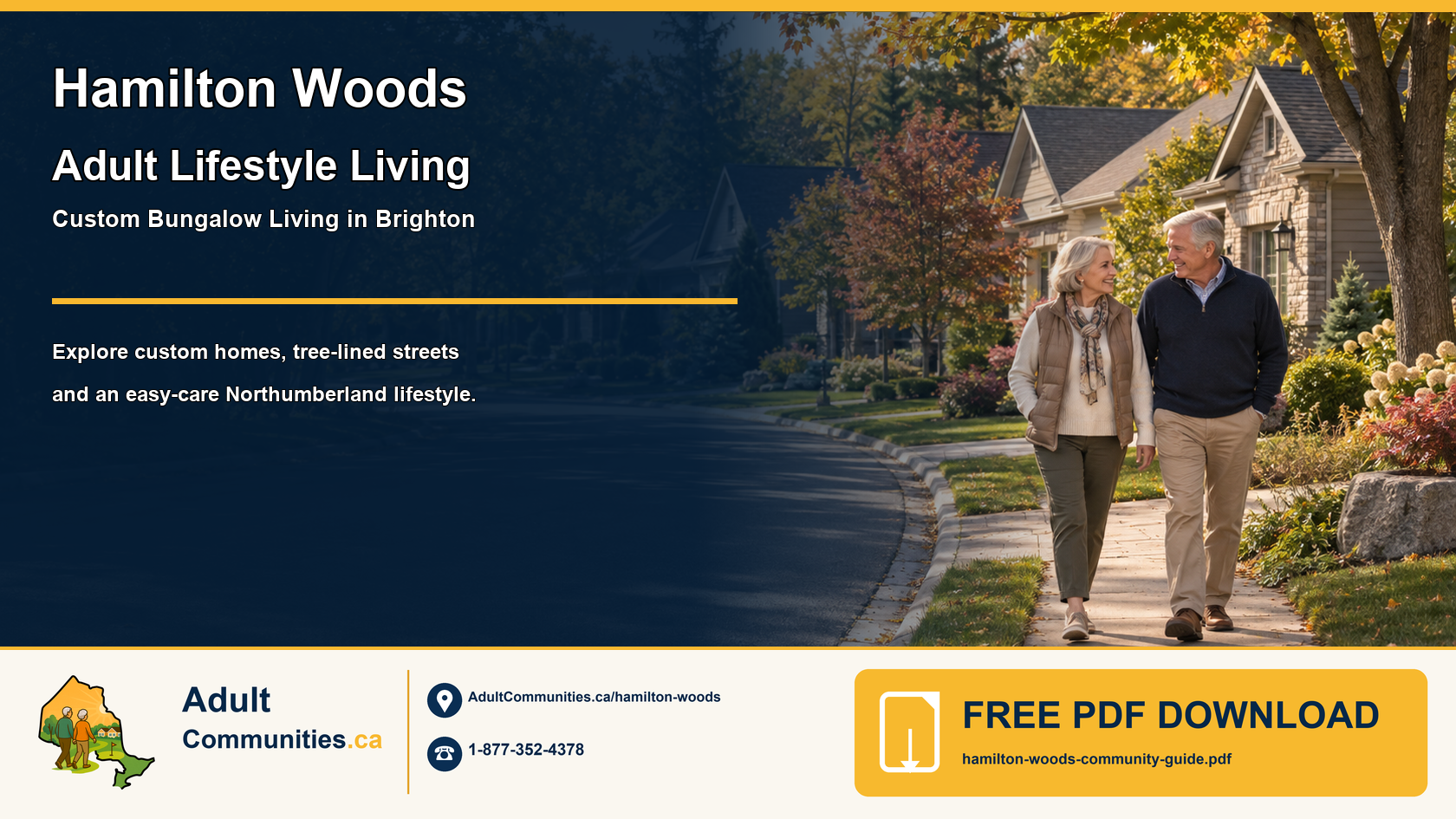 Mature adults walking through a tree-lined bungalow neighbourhood in Brighton