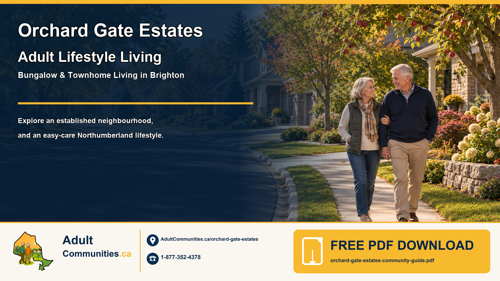 Mature adults walking through an established bungalow and townhome neighbourhood in Brighton