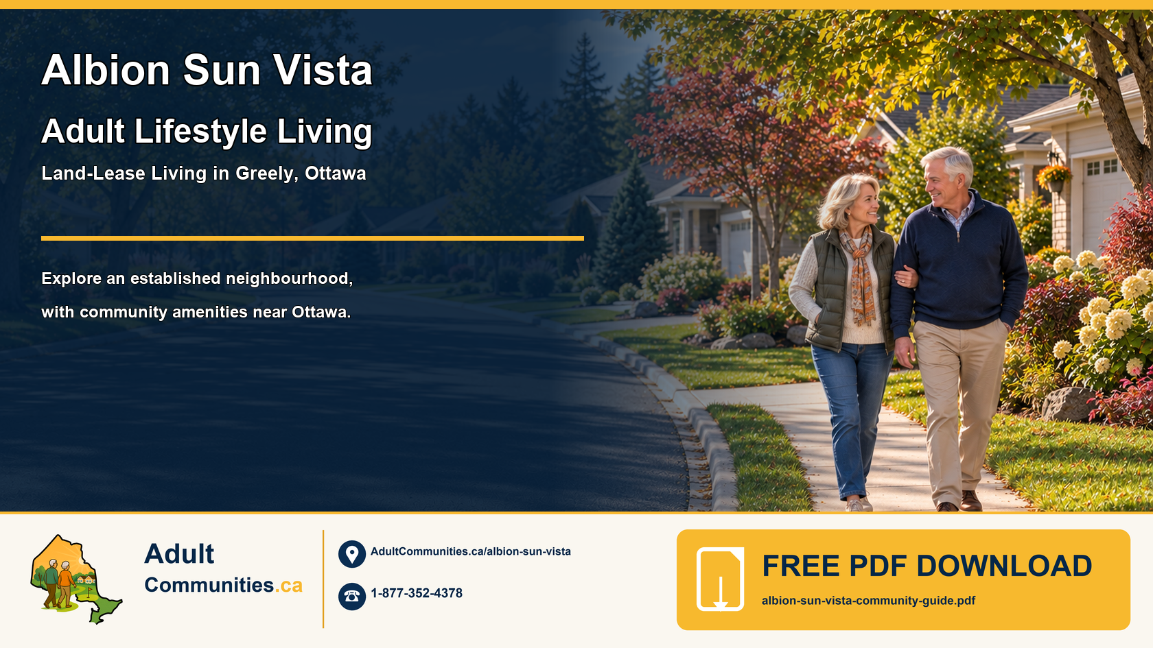 Mature adults walking through an established bungalow-style community in Greely, Ottawa