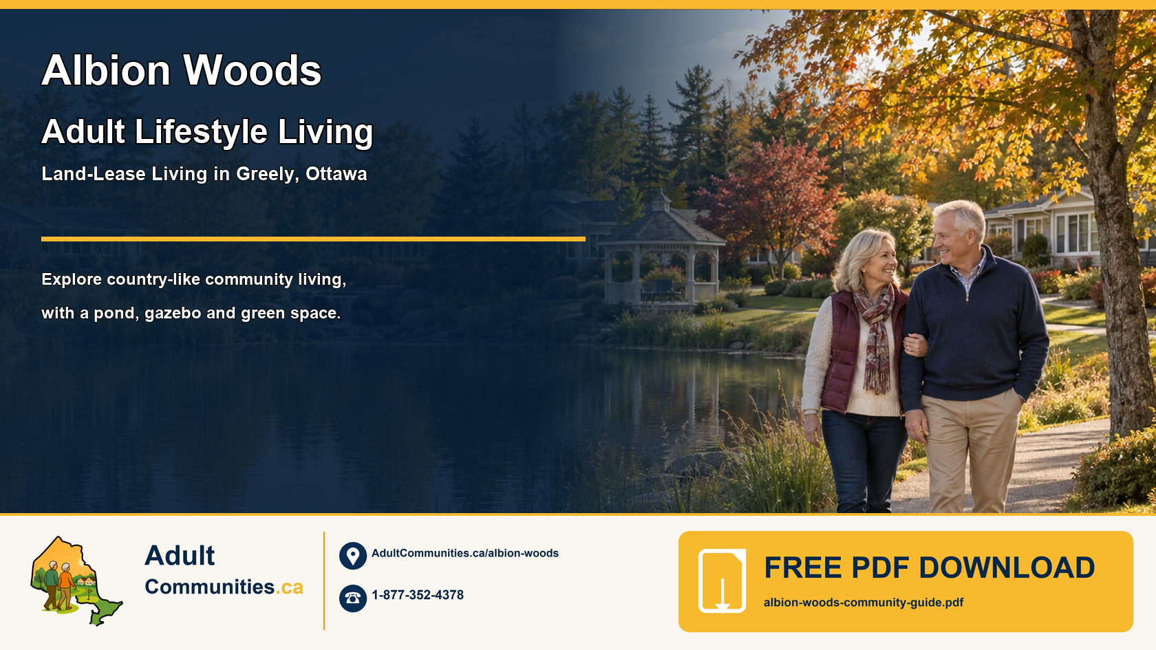 Mature adults walking beside a pond in a country-like residential community in Greely, Ottawa